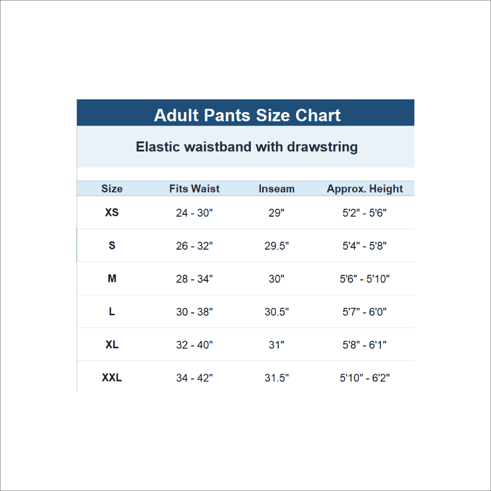 Pajama pants size chart