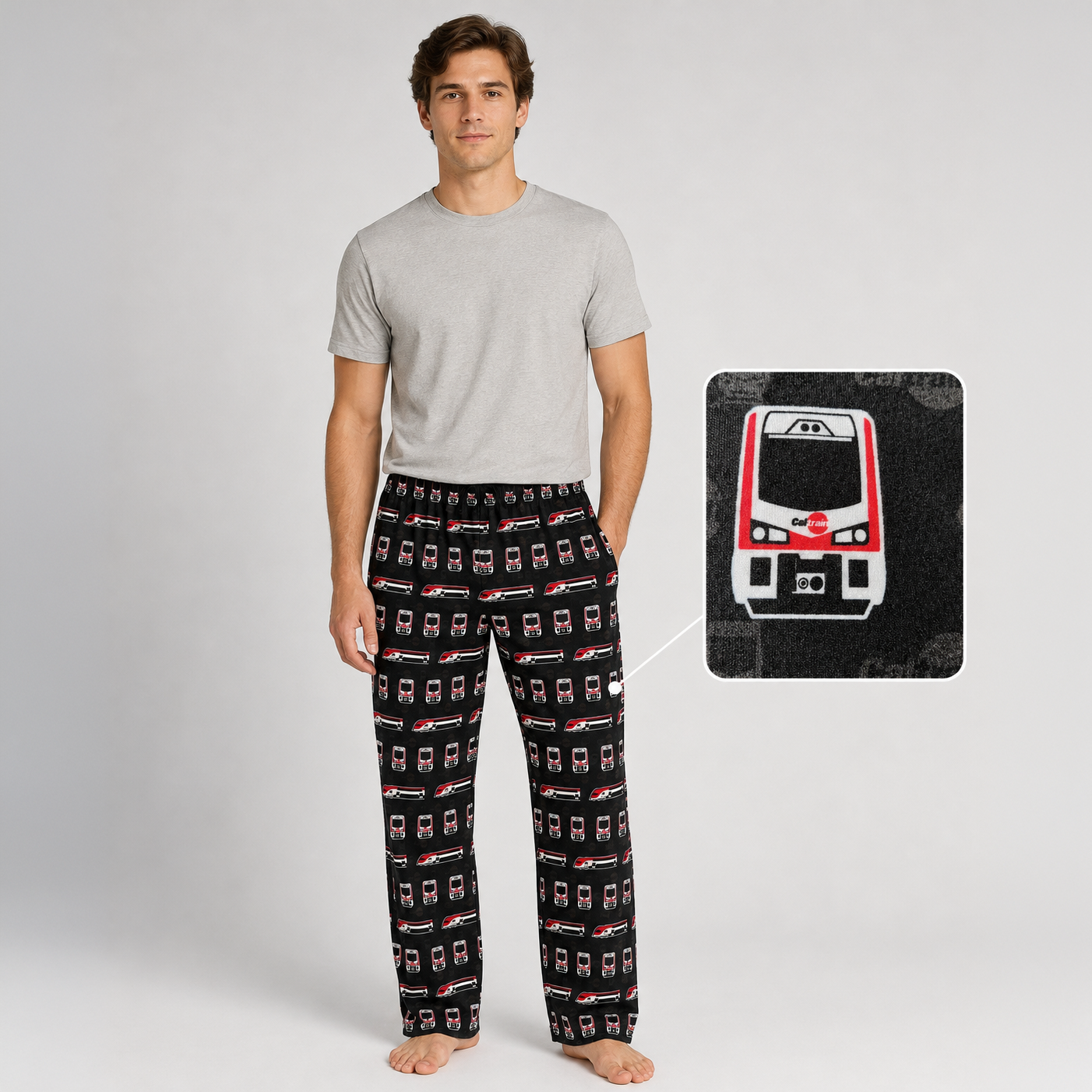 Simulated image of man wearing Caltrain Pajama Pants