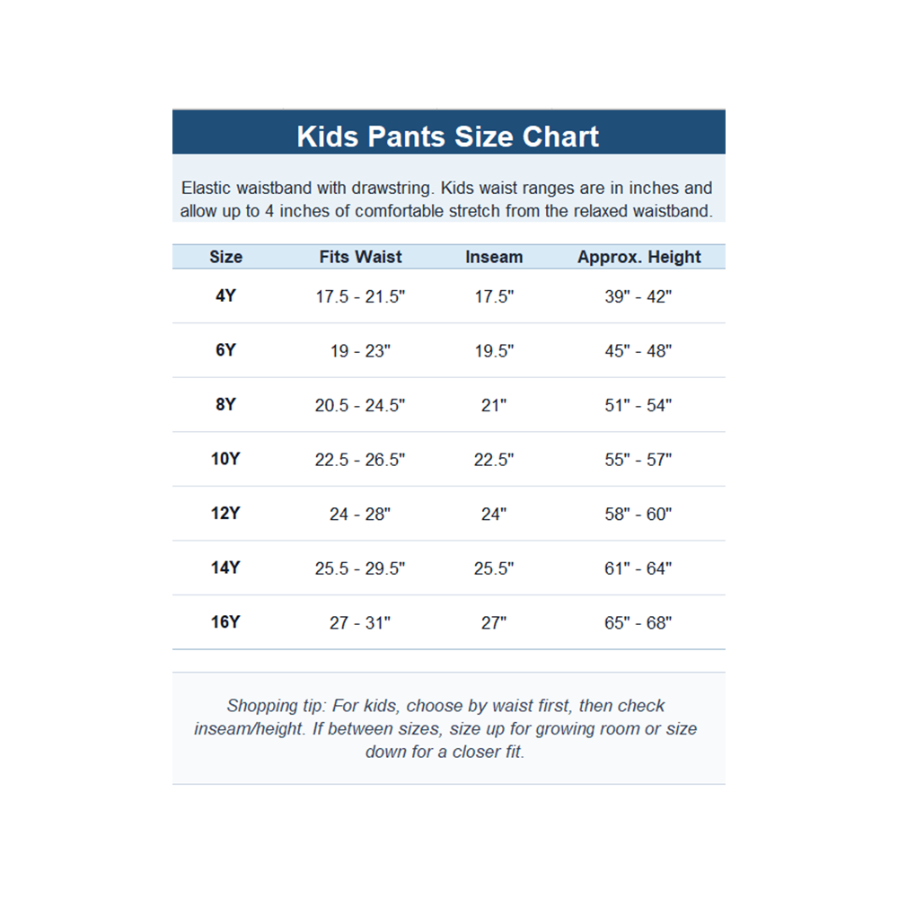 Kids' pajamas size chart