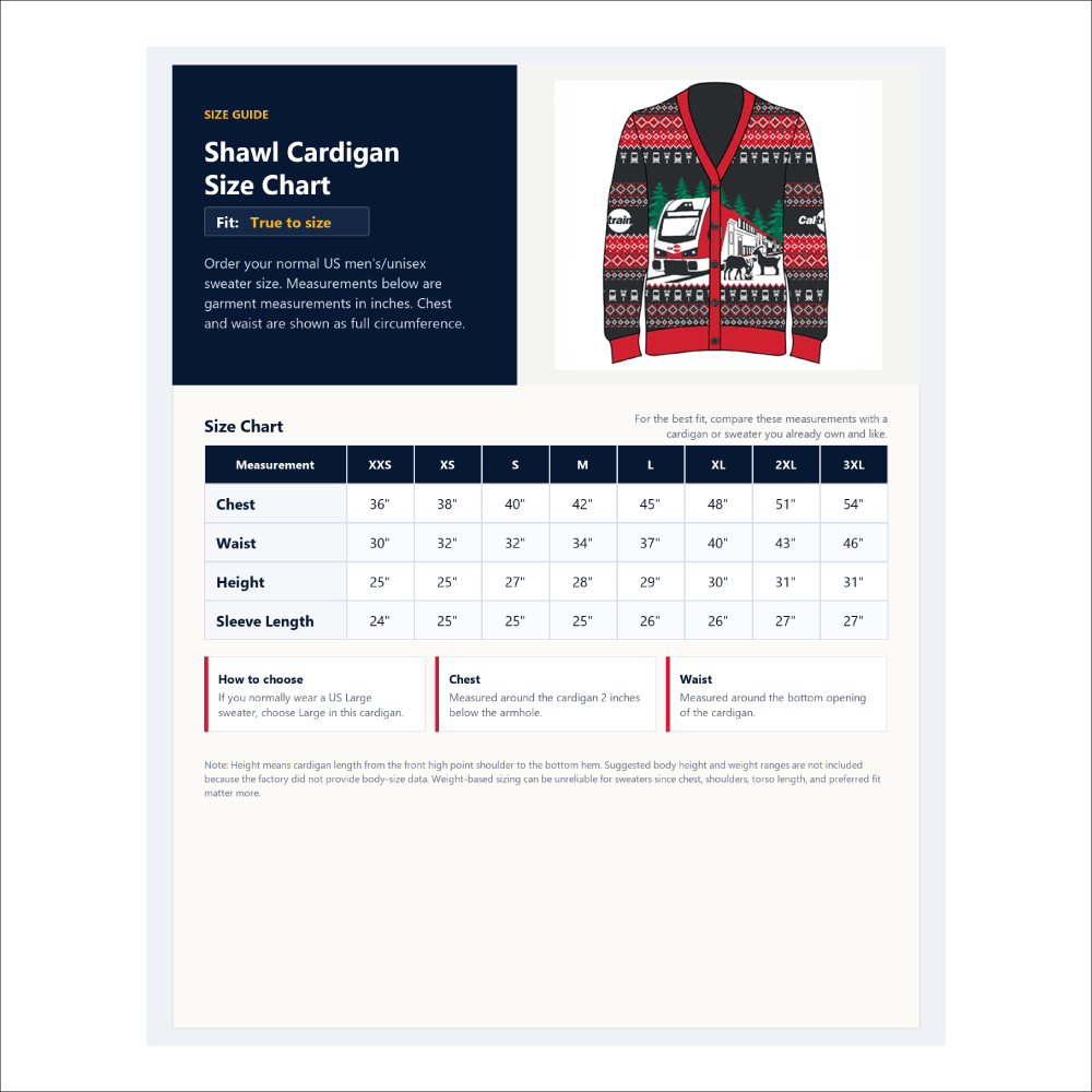 Caltrain Cardigan Sizing Chart