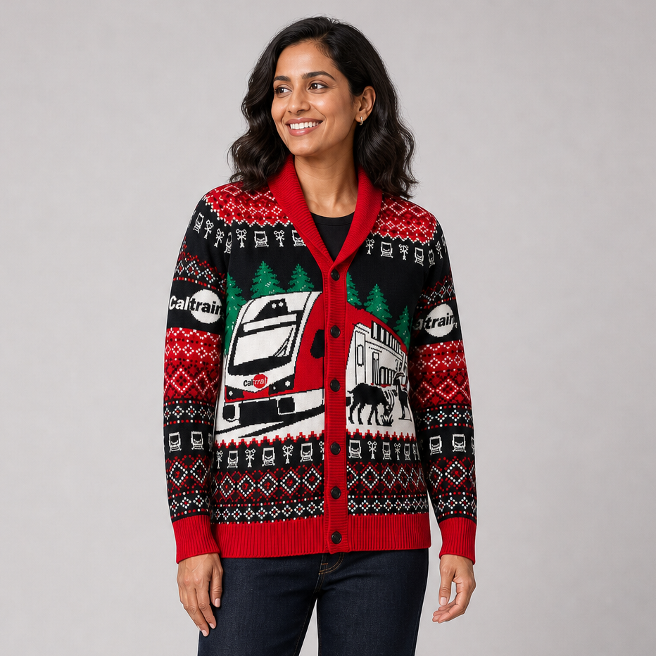 Simulated image of woman wearing Caltrain Cardigan