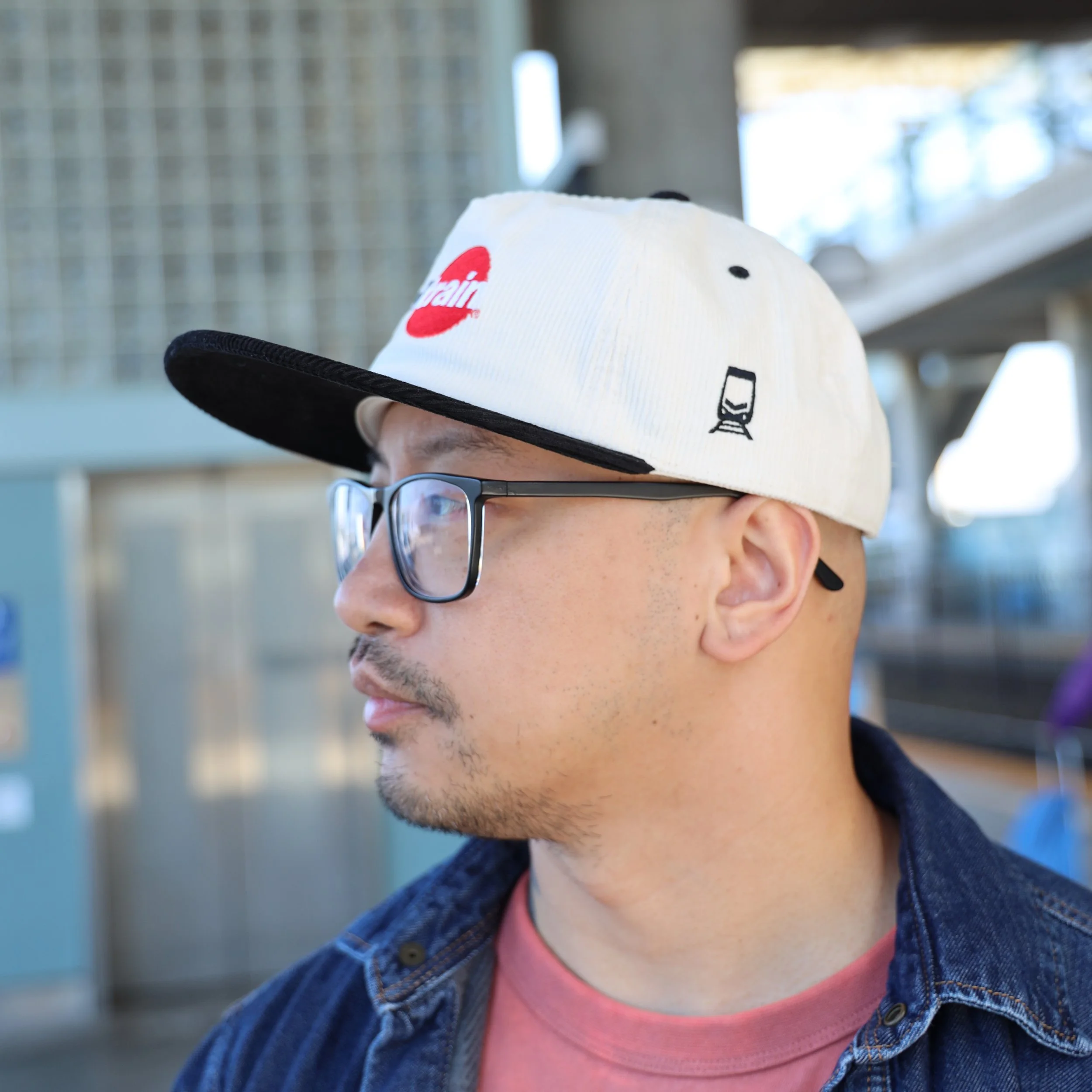 Two-Tone Corduroy Flat Brim Hat Side View on Person