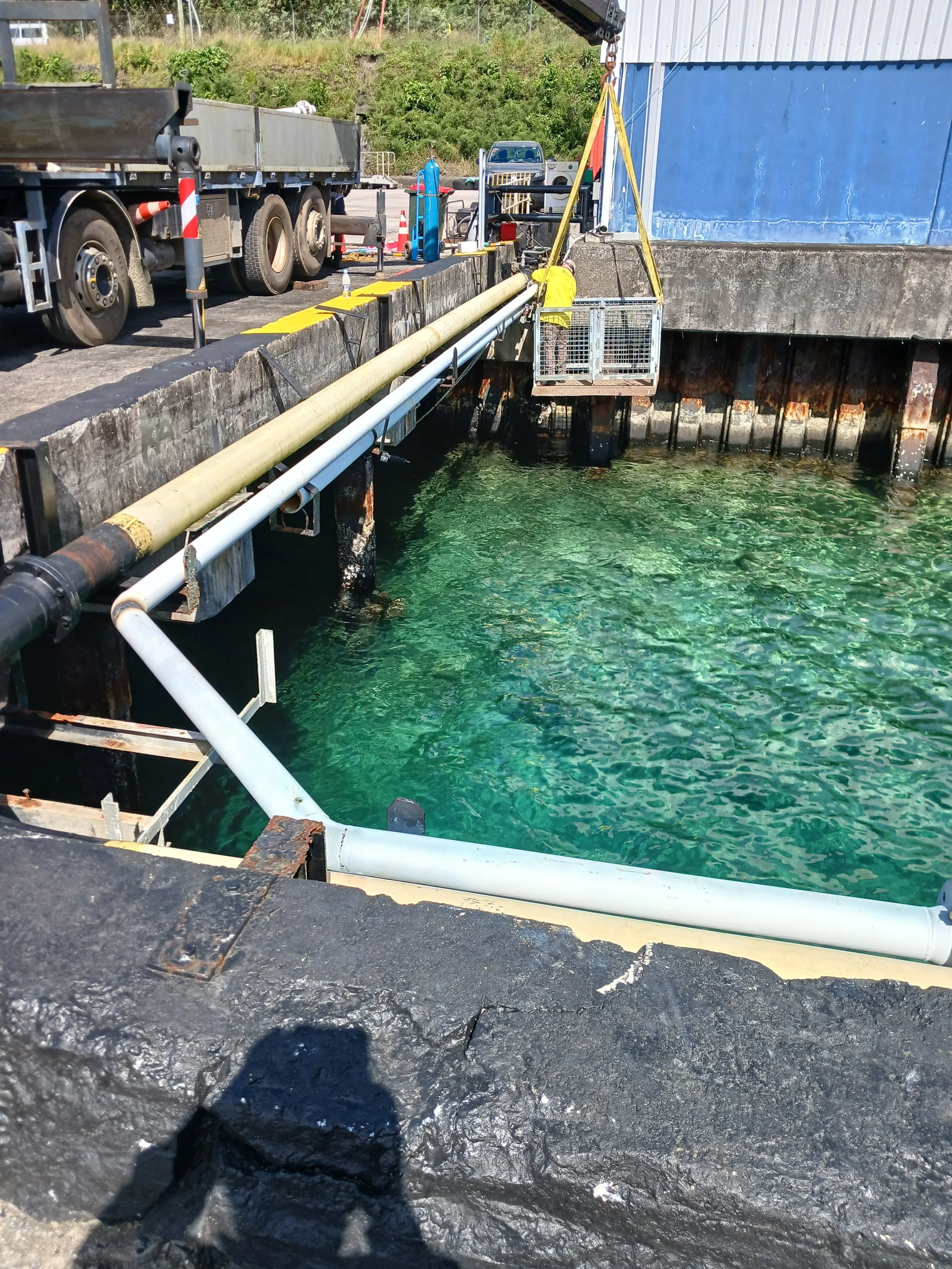 A crane lifting a cage into a body of water at a dock with pipes and construction equipment nearby.