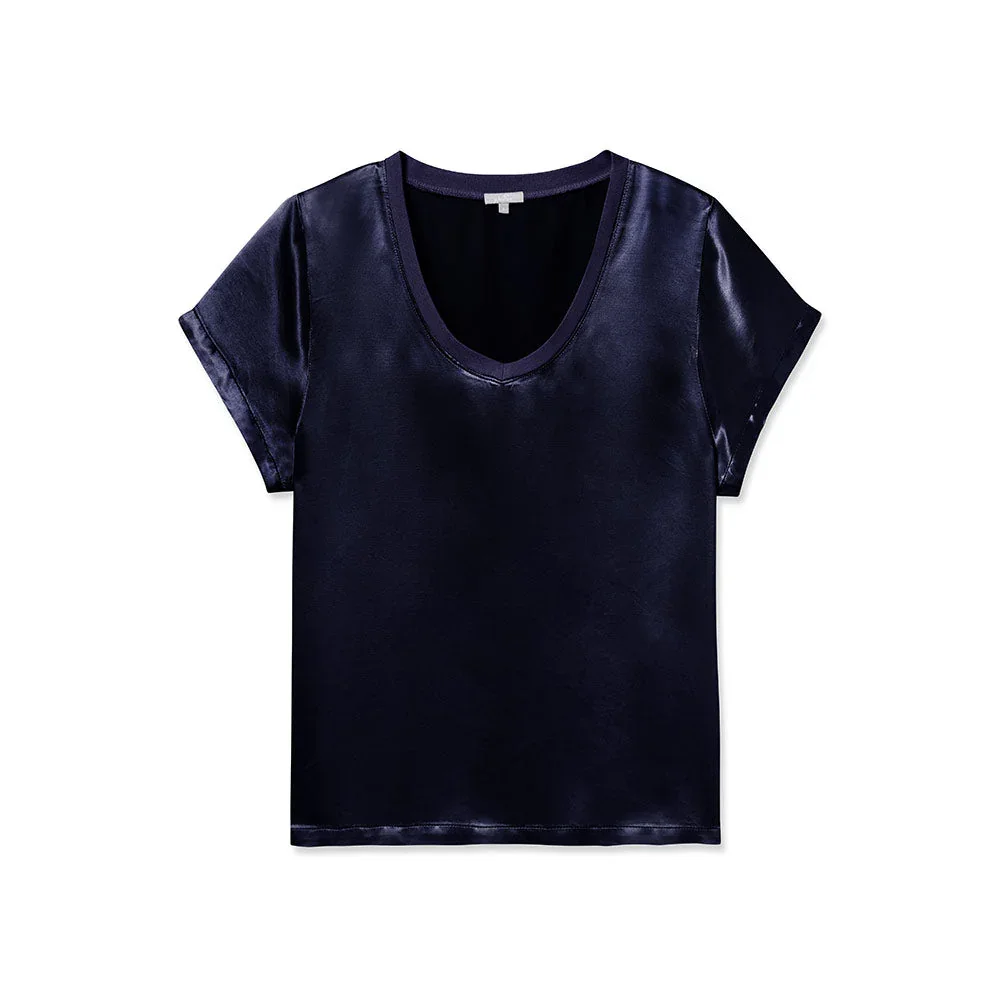 NAVY GIANNA SATIN V-NECK TEE