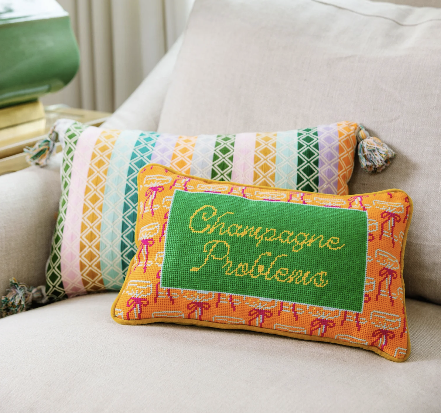 CHAMPAGNE PROBLEMS NEEDLEPOINT PILLOW