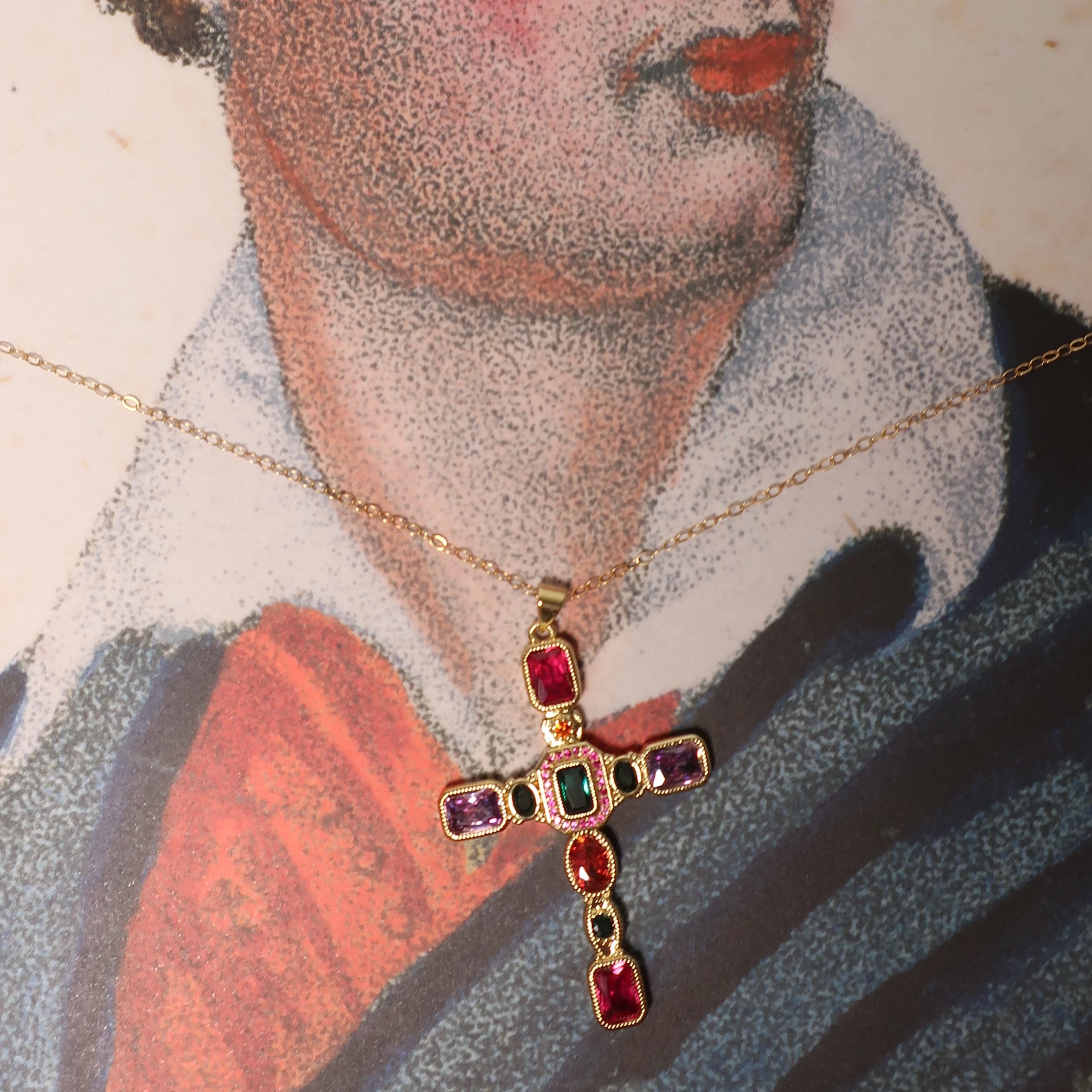 MULTI GEM CROSS NECKLACE