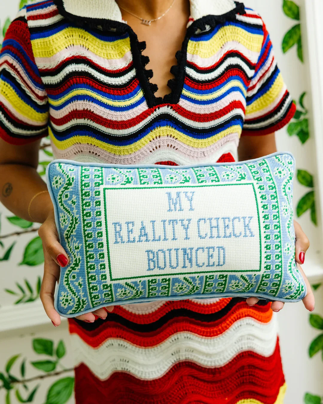 REALITY CHECK NEEDLEPOINT PILLOW