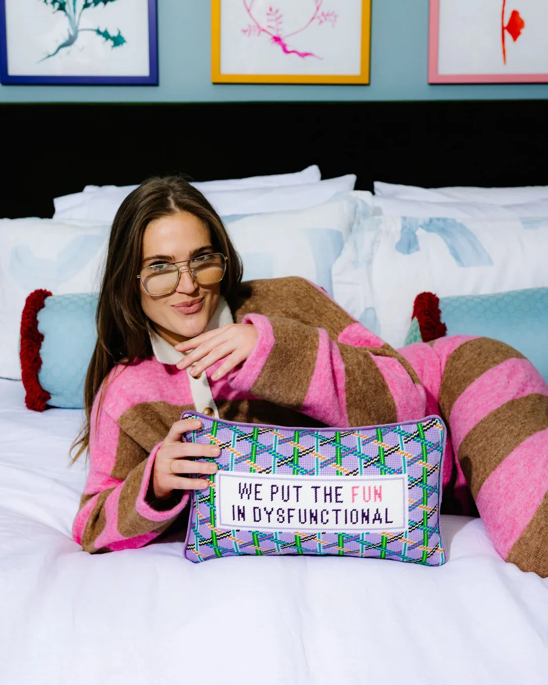 FUN IN DYSFUNCTIONAL NEEDLEPOINT PILLOW