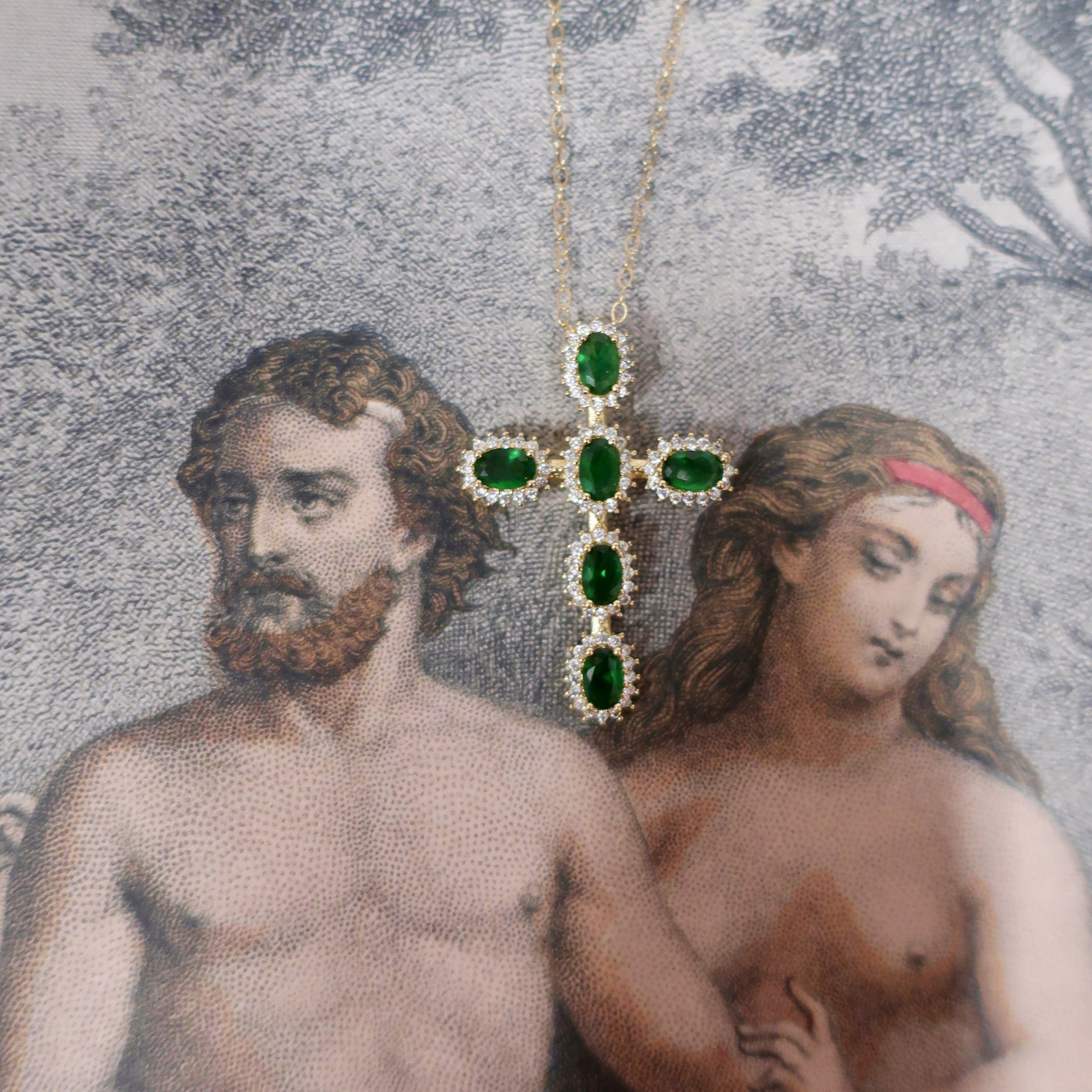 GREEN GEMSTONE & CZ CROSS NECKLACE