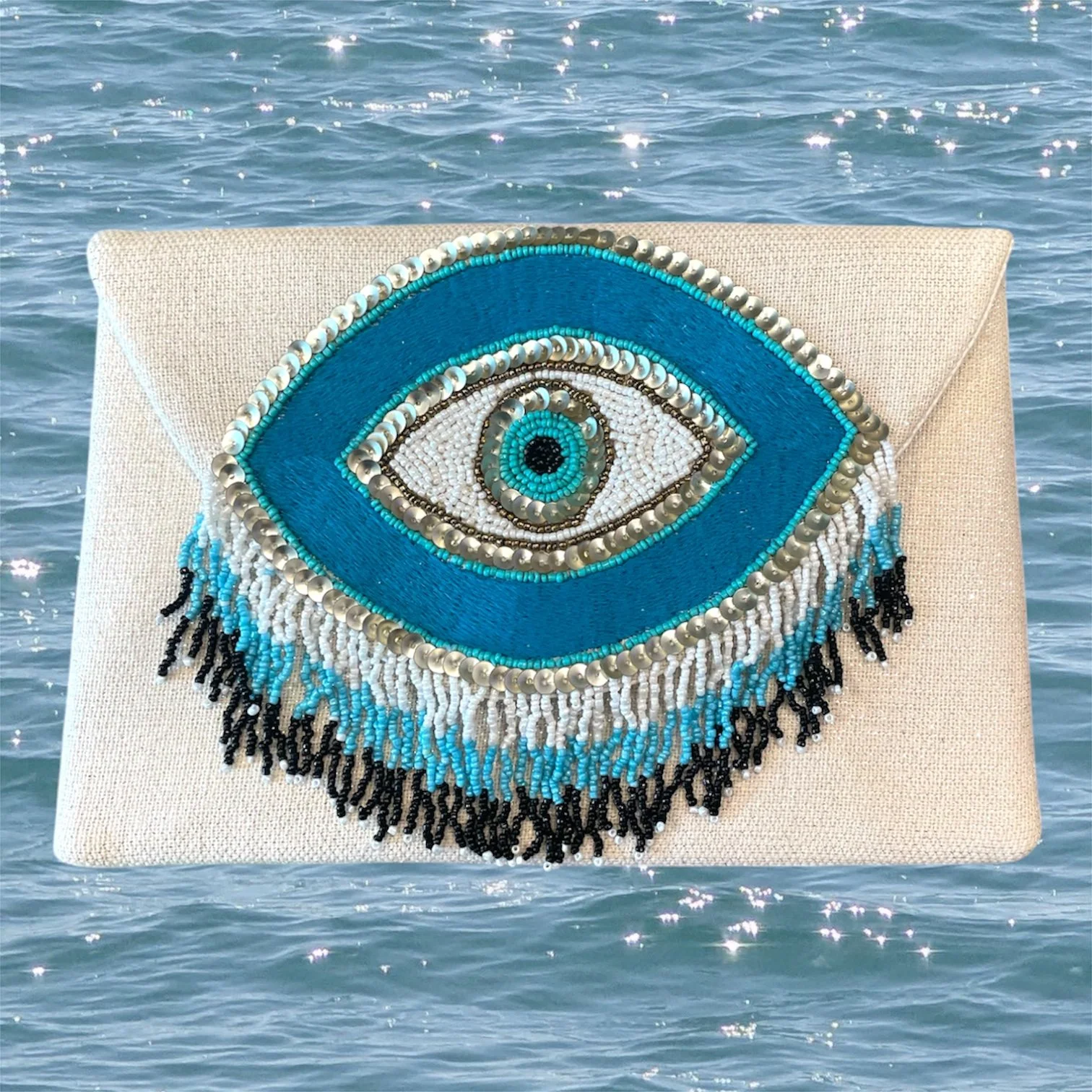 EVIL EYE EMBROIDERED BEADED CROSSBODY CLUTCH