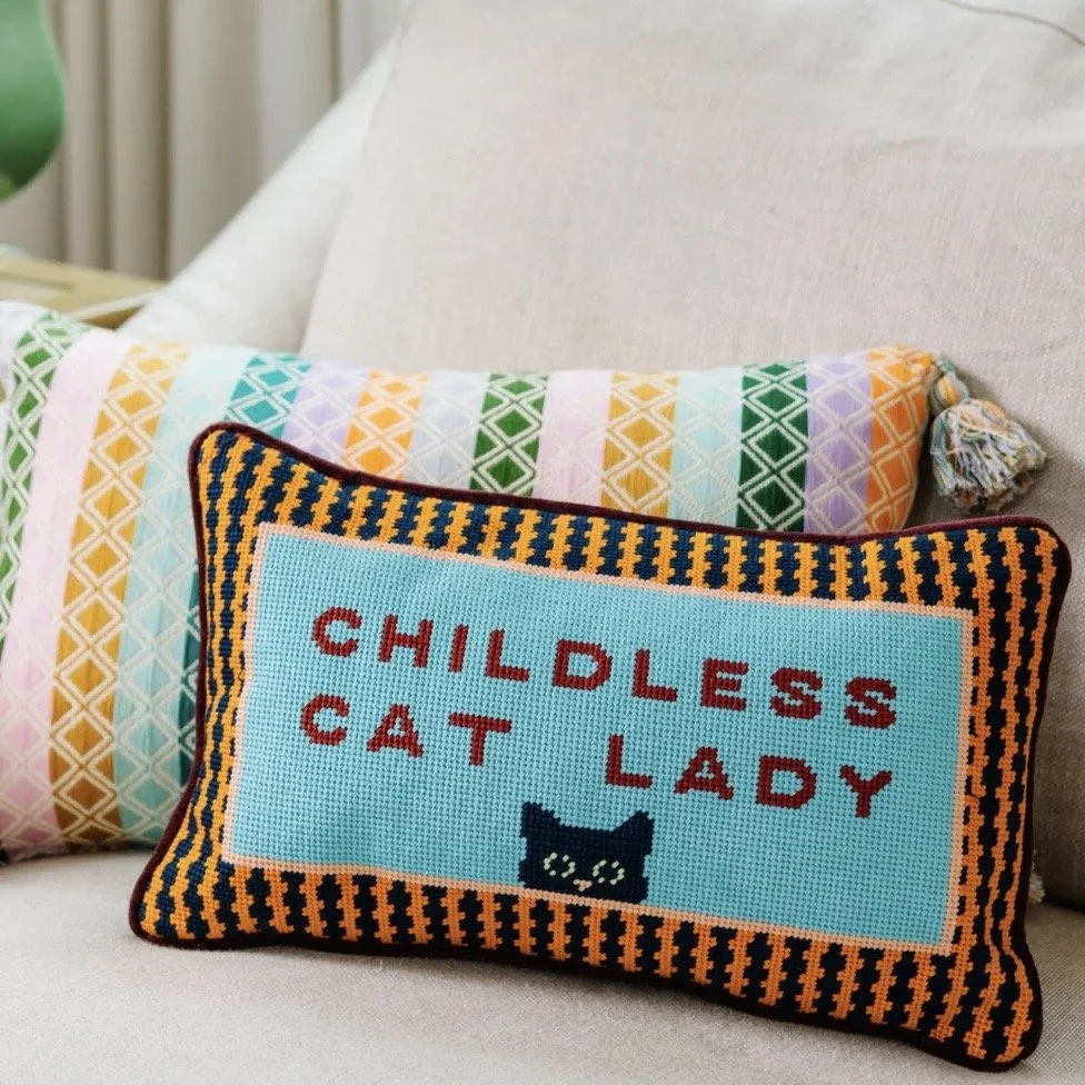 CHILDLESS CAT LADY NEEDLEPOINT PILLOW