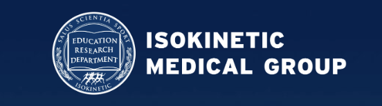 Logo of ISOKINETIC MEDICAL GROUP with a blue circular emblem containing a shield and Chinese characters, and the text "ISOKINETIC MEDICAL GROUP" on a blue background.