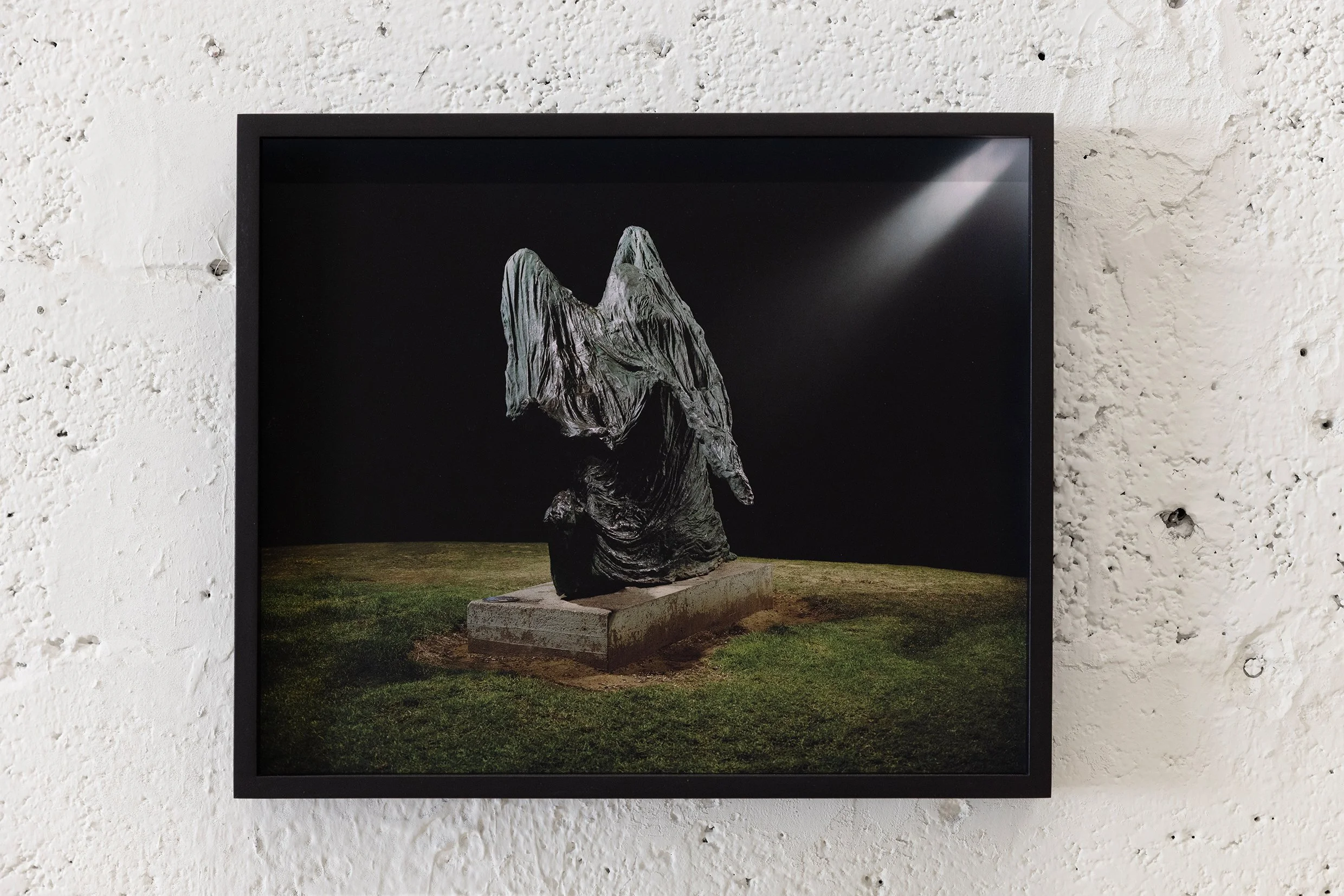 Installation View | Temporary Colony group exhibition (2025) | HaThiya 14 | Curated by Assaf Hinden | Untitled (2025) (Women against The Wind | ilana Goor | bronze | 1977)  | Analog color photograph | Archival Fine Art paper | Framed | 40x33 cm