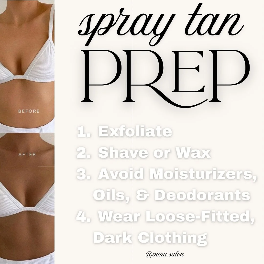 Have an upcoming spray tan with us? Remember these 4 simple tips to get the best results from your glow session with @beautyby.kail ✨ 

Have questions about our spray tan options and packages? Send us a message 💌 or call the salon ☎️ 

#vimasalon #c