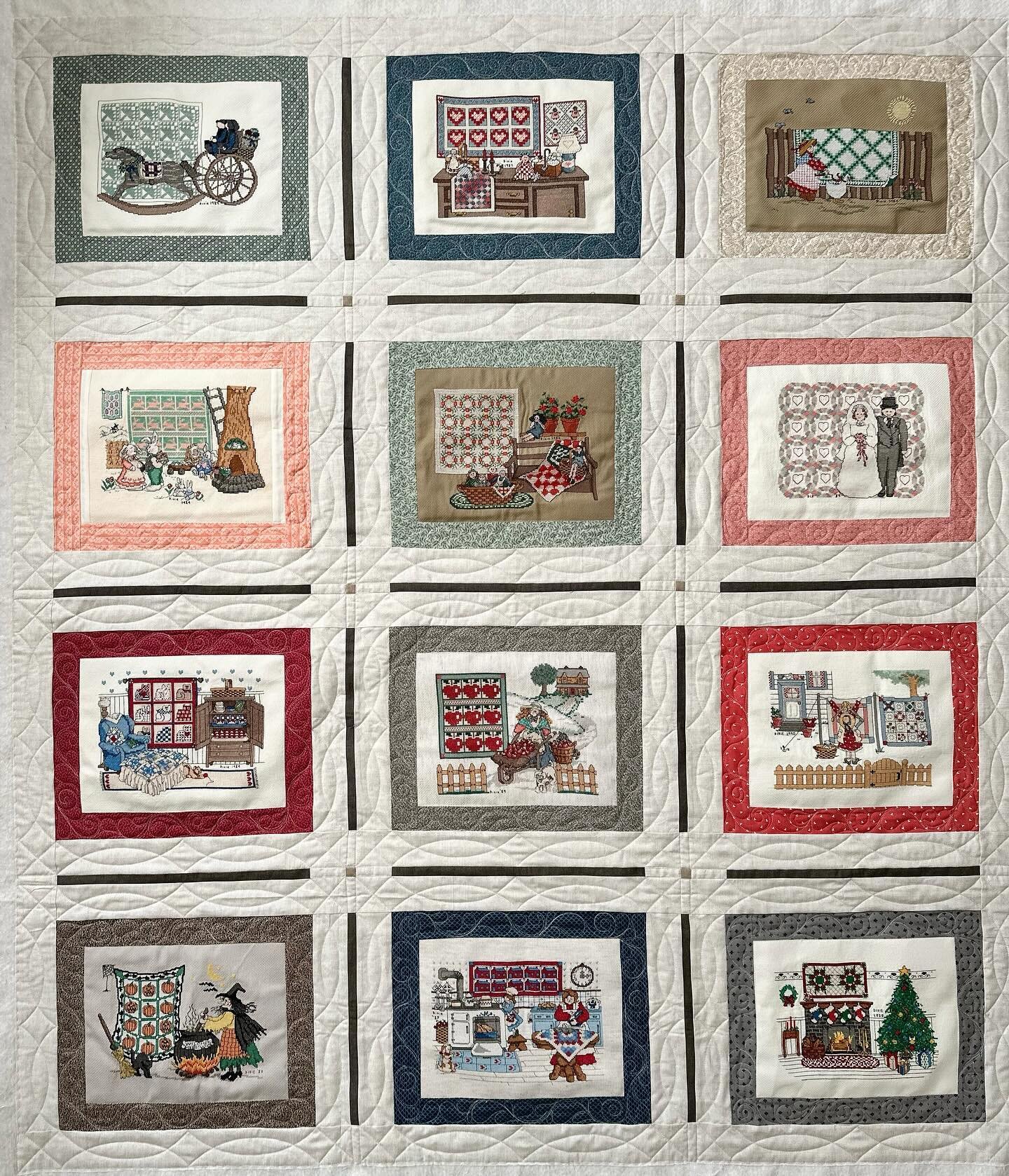 Excited to share this amazing quilt with you!!! Denise&rsquo;s mom worked on these incredible cross stitched blocks and Denise decided to add sashing to them and make them into a quilt.  Look at all of those tiny and beautifully stitched quilts.

I w