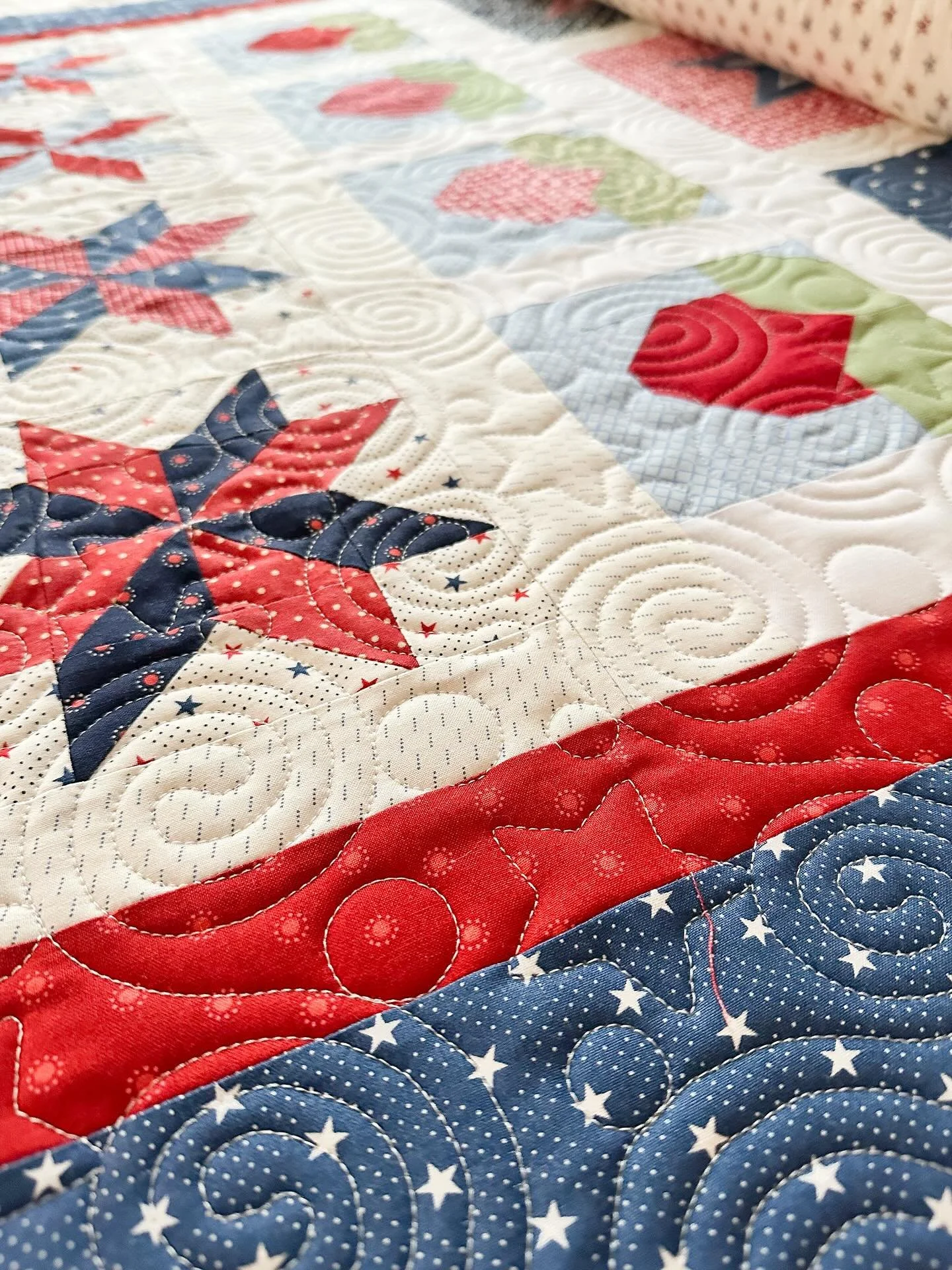 Louise made this darling summer row quilt, that I got to quilt a couple months ago.  She chose Patricia Ritter&rsquo;s and my Liberty panto design.  Isn&rsquo;t it super cute?!?! Liberty is available @urban.elementz 

Louise used multiple quilt patte