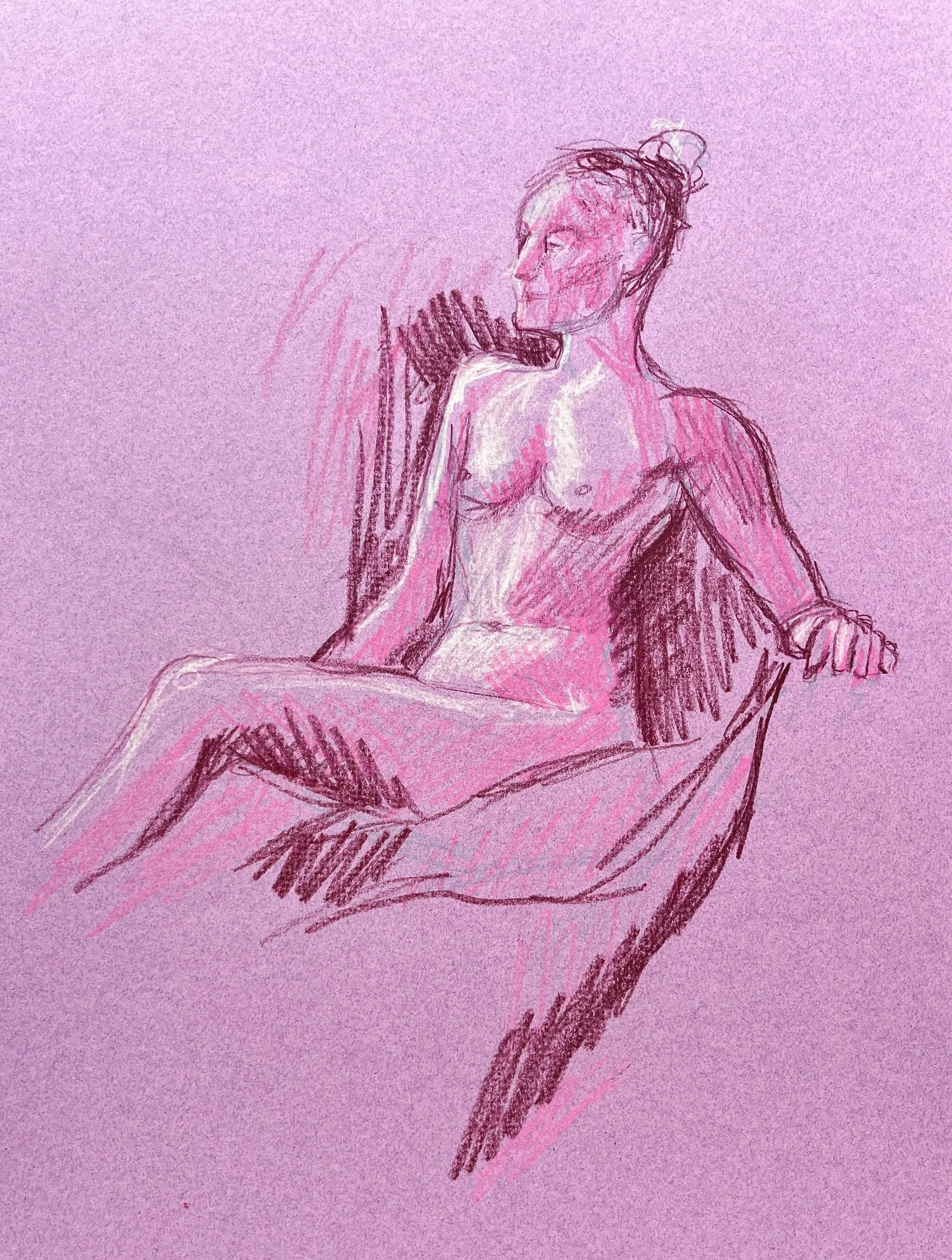 "Pink Lady," 2022, colored pencil on toned paper, 18"x20"