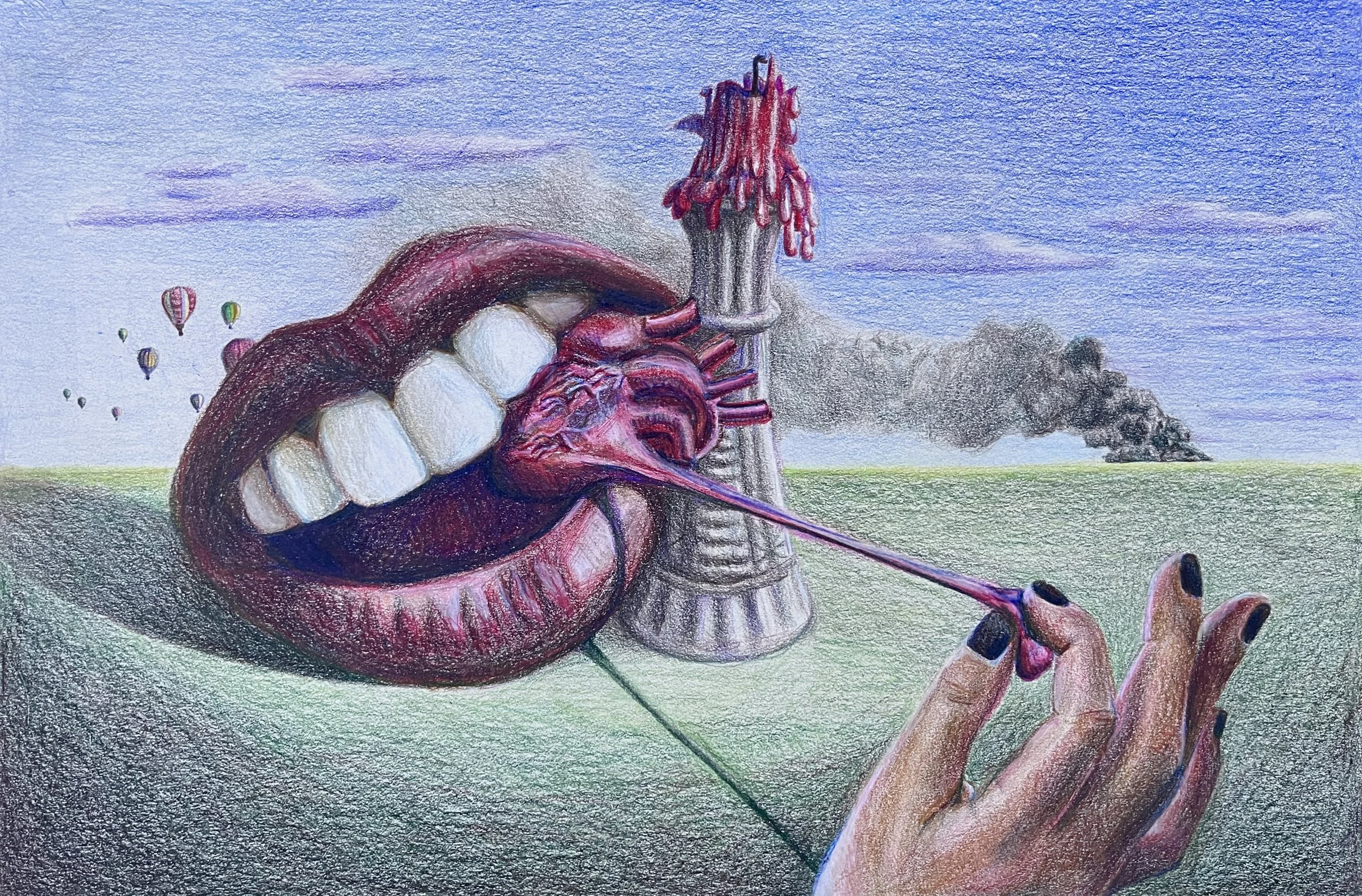 "Stretched," colored pencil on toned paper, 18"x12", 2023