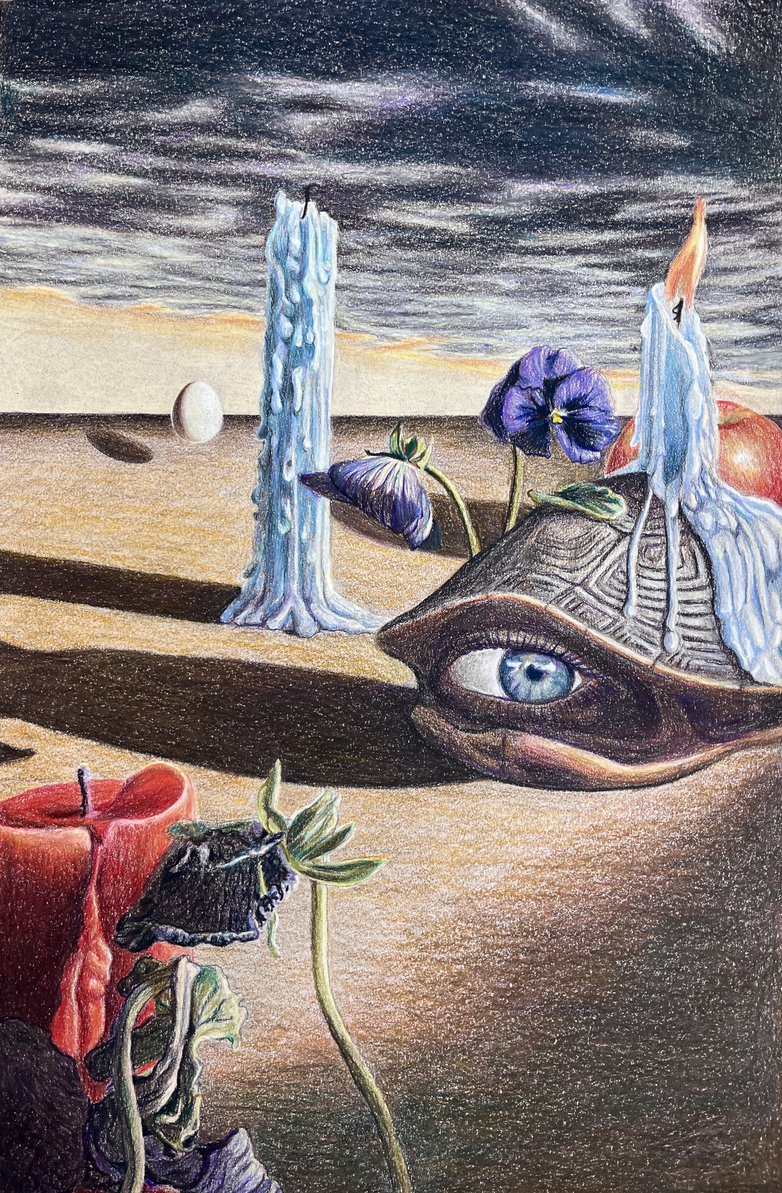 "Beholder", colored pencil on toned paper, 18"x12", 2023