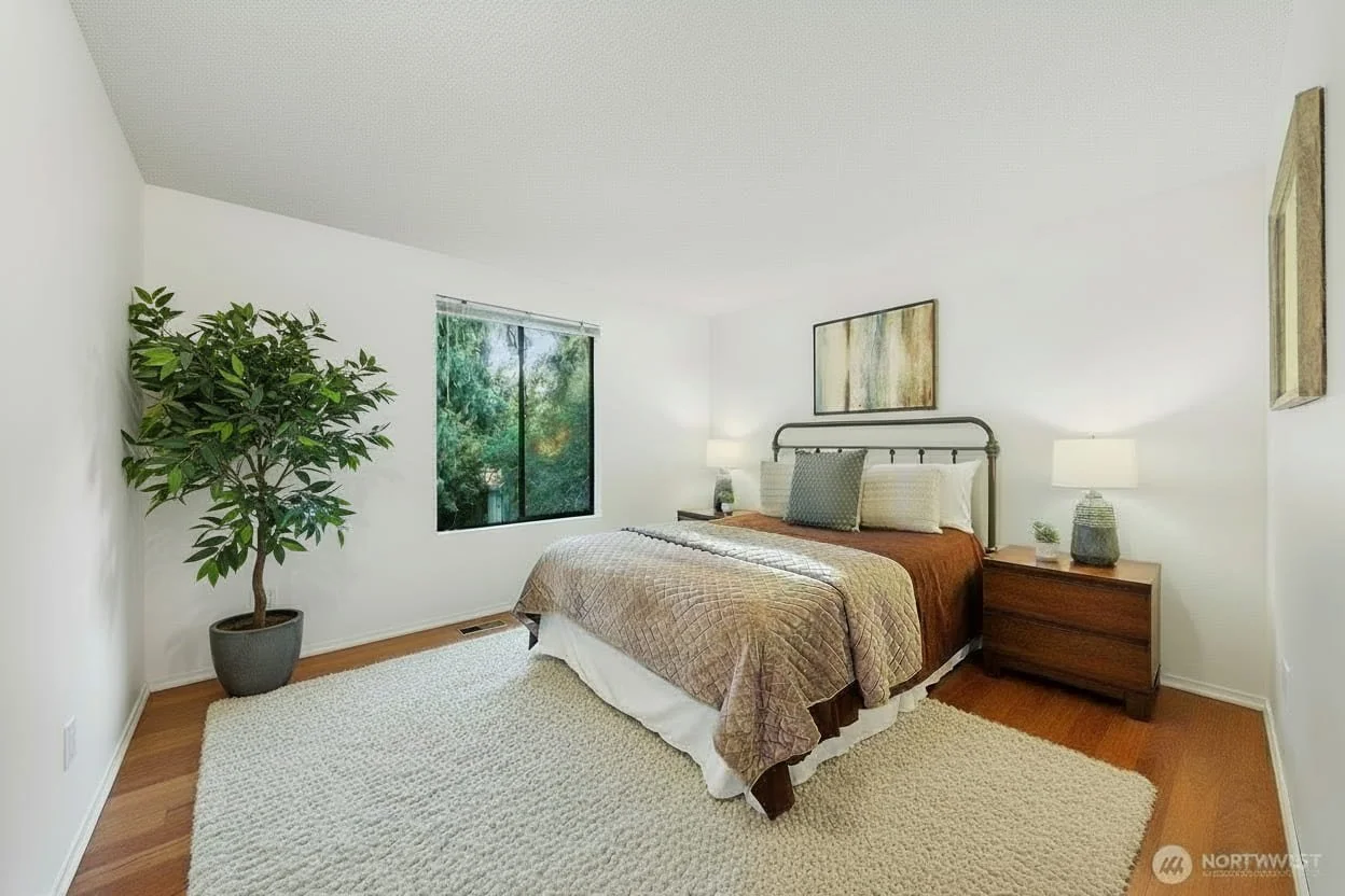 Essential Home Staging - Home Staging in Seattle Bellevue and Puget Sound - home staging portfolio listing photo of light neutral bedroom staged by Essential Home Staging