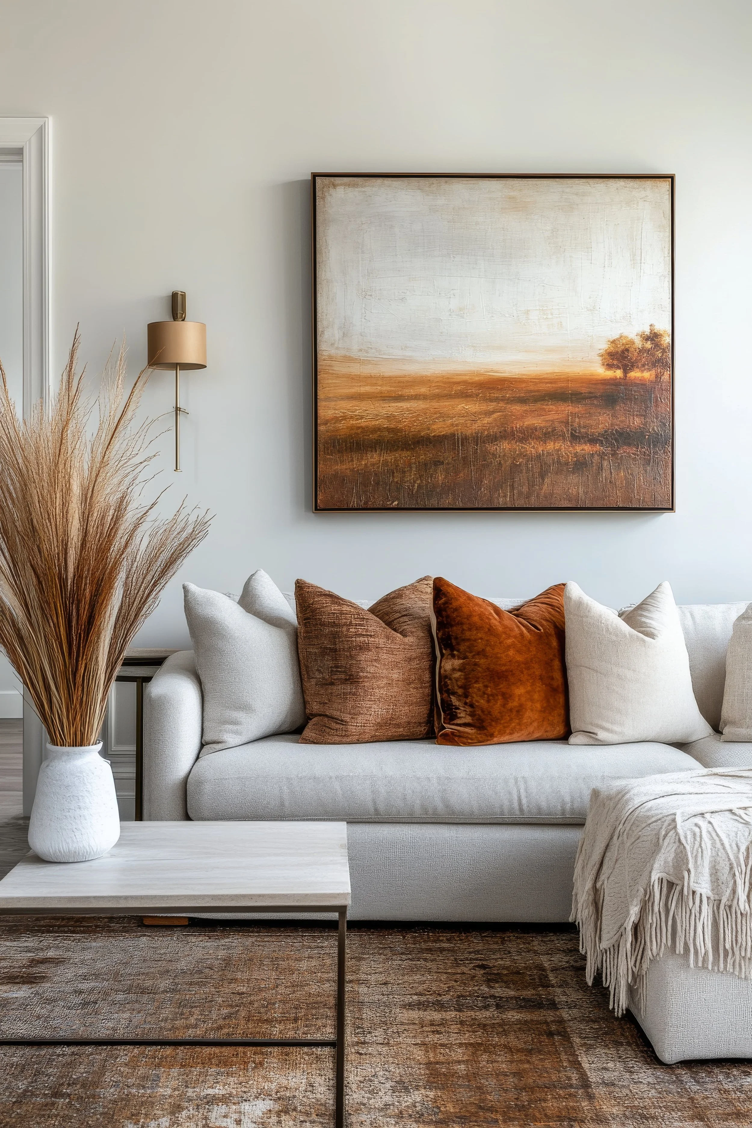 Contemporary neutral living room staged by Essential Home Staging in Seattle, WA featuring stylish wall art and modern décor.