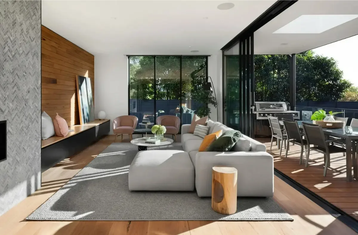 Staged living room with modern neutral furniture for open house in Seattle.