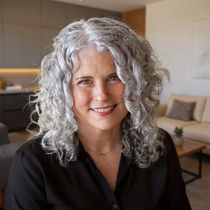 A woman with curly gray hair smiling in a modern living room with neutral-colored furniture.