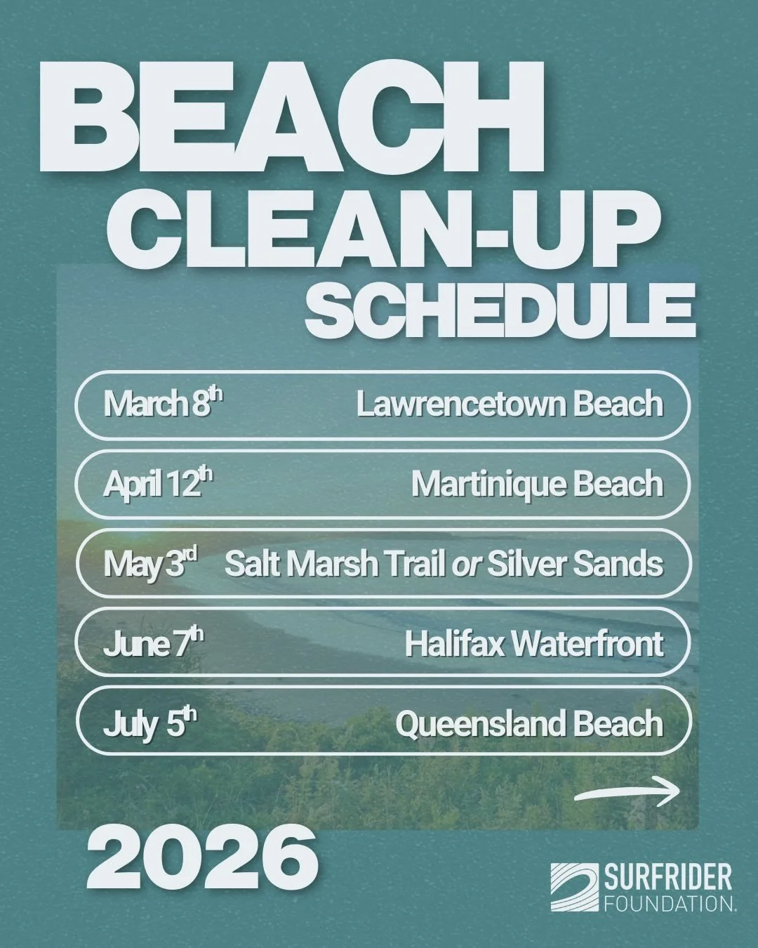 The 2026 lineup of beach cleans with Surfrider Atlantic is here! Our Beach/Coastal clean-ups kick off in March, and continue for the first Sunday of every month at 10am☀️Join us in making an impact and helping keep our coastlines clean, healthy, and 