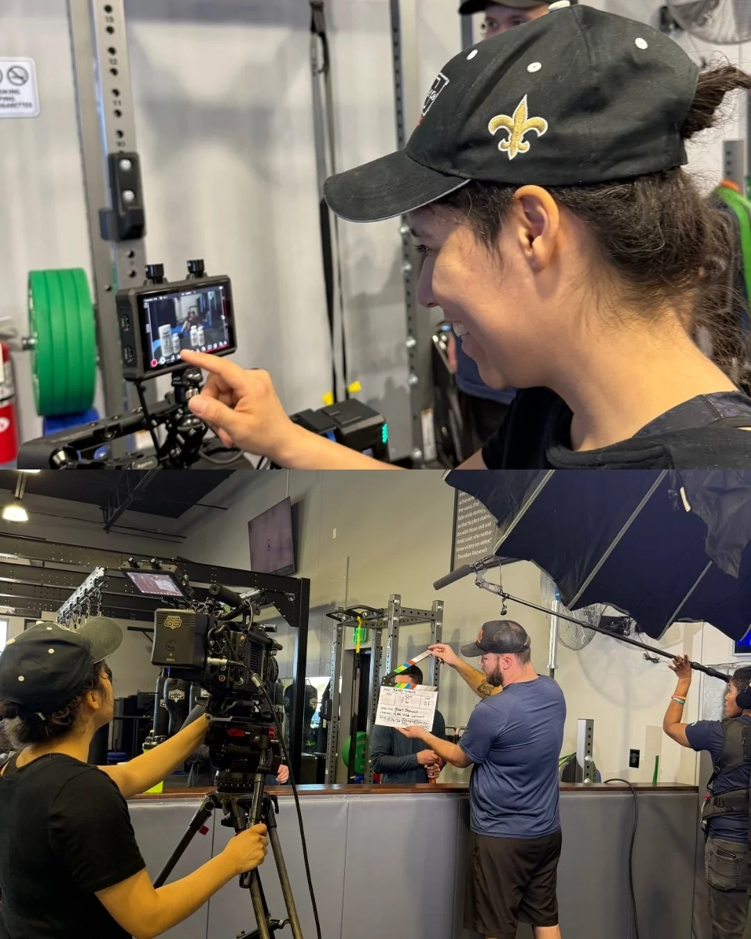 Filming crew erects equipment and captures footage in a gym, with crew members operating cameras and director holding a clapperboardVideo Production Fort Worth, Texas. Fort Worth, Texas production company. Video production in texas