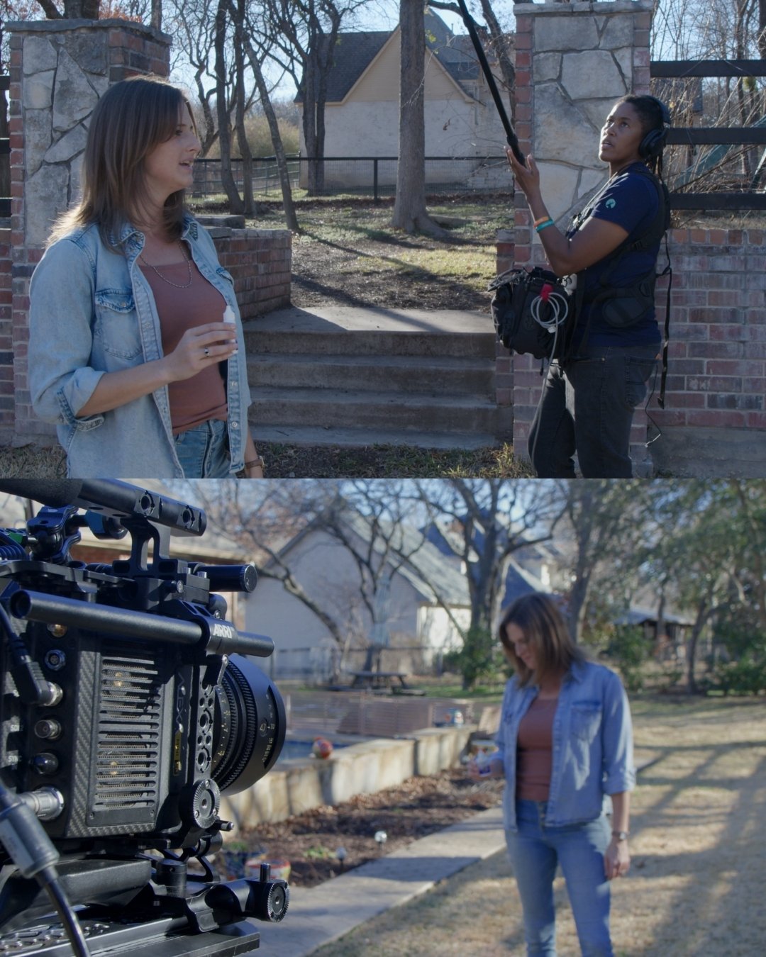 Two women on a film set outdoors, one being filmed and the other operating a camera. The scene appears to be shot in a backyard with trees and a house in the backgroundVideo Production Fort Worth, Texas. Fort Worth, Texas production company. 