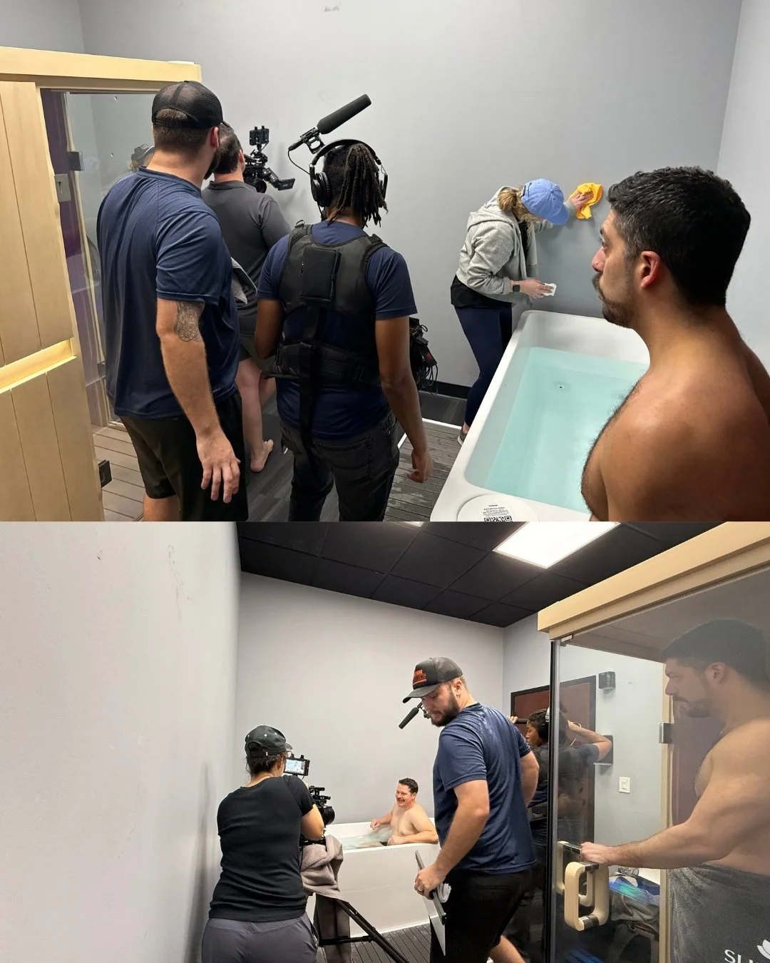 Filming crew in a spa or bathhouse setting, with a man in the bath and a woman cleaning the wall. Video Production Fort Worth, Texas. Fort Worth, Texas production company. Video production in texas