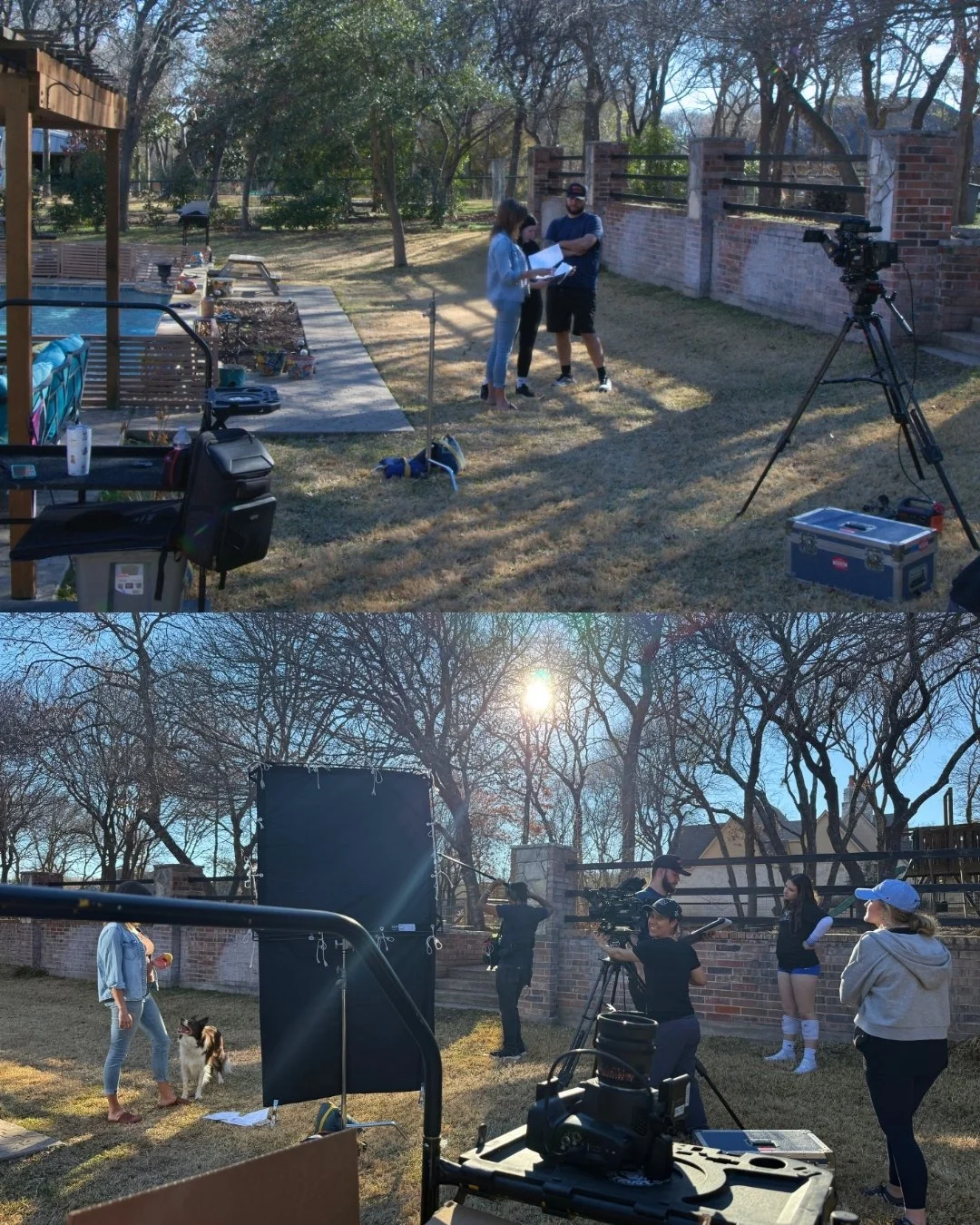 Behind the scenes of a film or TV production set outdoors on a sunny day, with crew members preparing and filming, including a woman with a dog, a large black backdrop, and camera equipmentVideo Production Fort Worth, Texas. Fort Worth, Texas product
