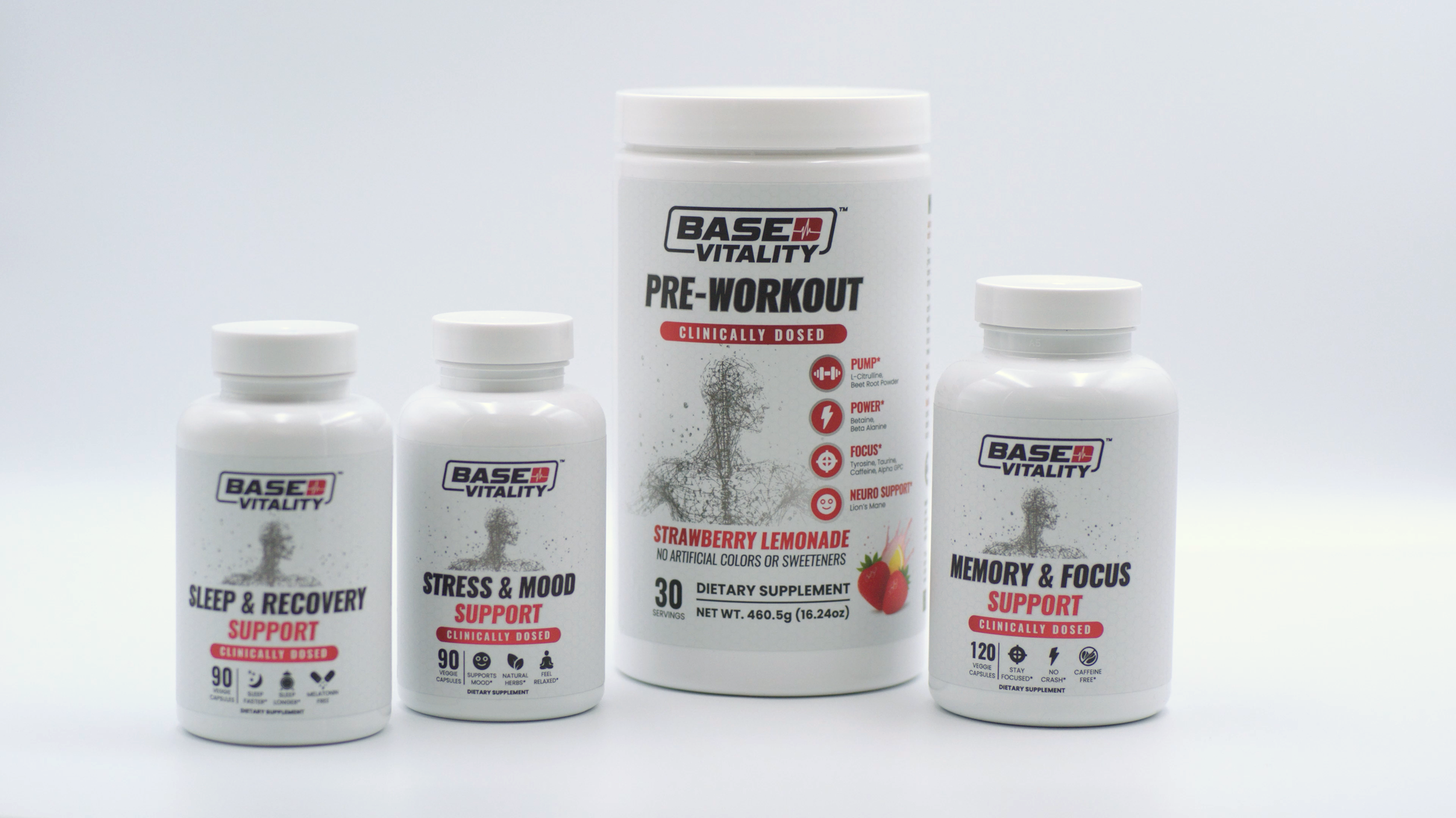 Four white supplement bottles with black and red labels, with one large container in the center and three smaller bottles around it, against a plain background.