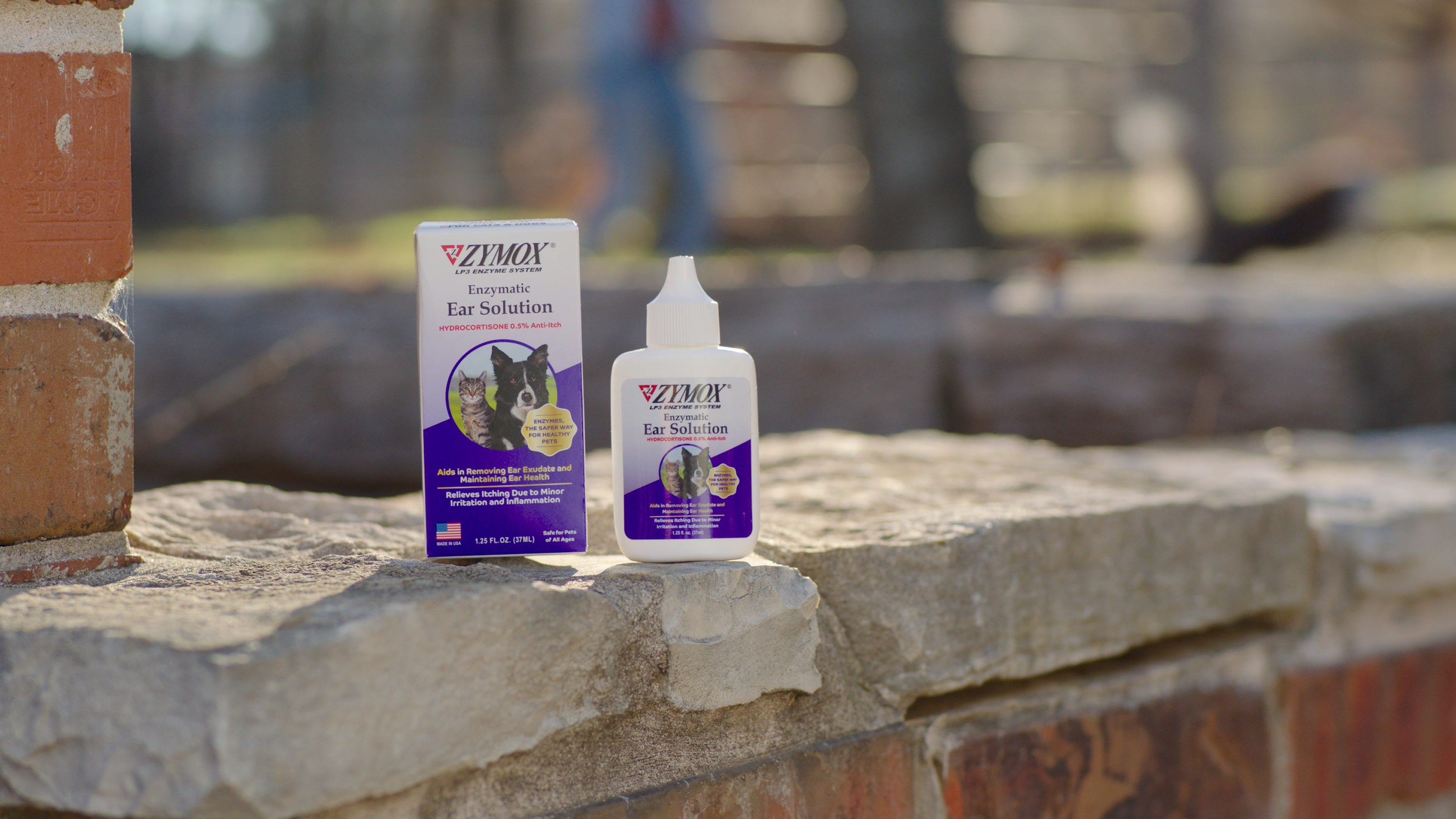 Bottle and box of Zymox enzymatic ear solution for pets on a stone ledge outdoors.
