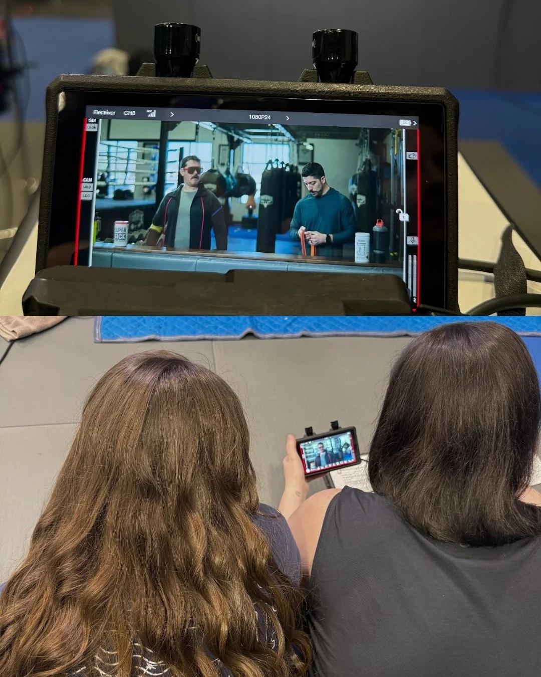 A behind-the-scenes shot of a film or video shoot showing a monitor with two men in a gym on screen, and two women filming or taking pictures of the monitor from behindVideo Production Fort Worth, Texas. Fort Worth, Texas production company. Video pr