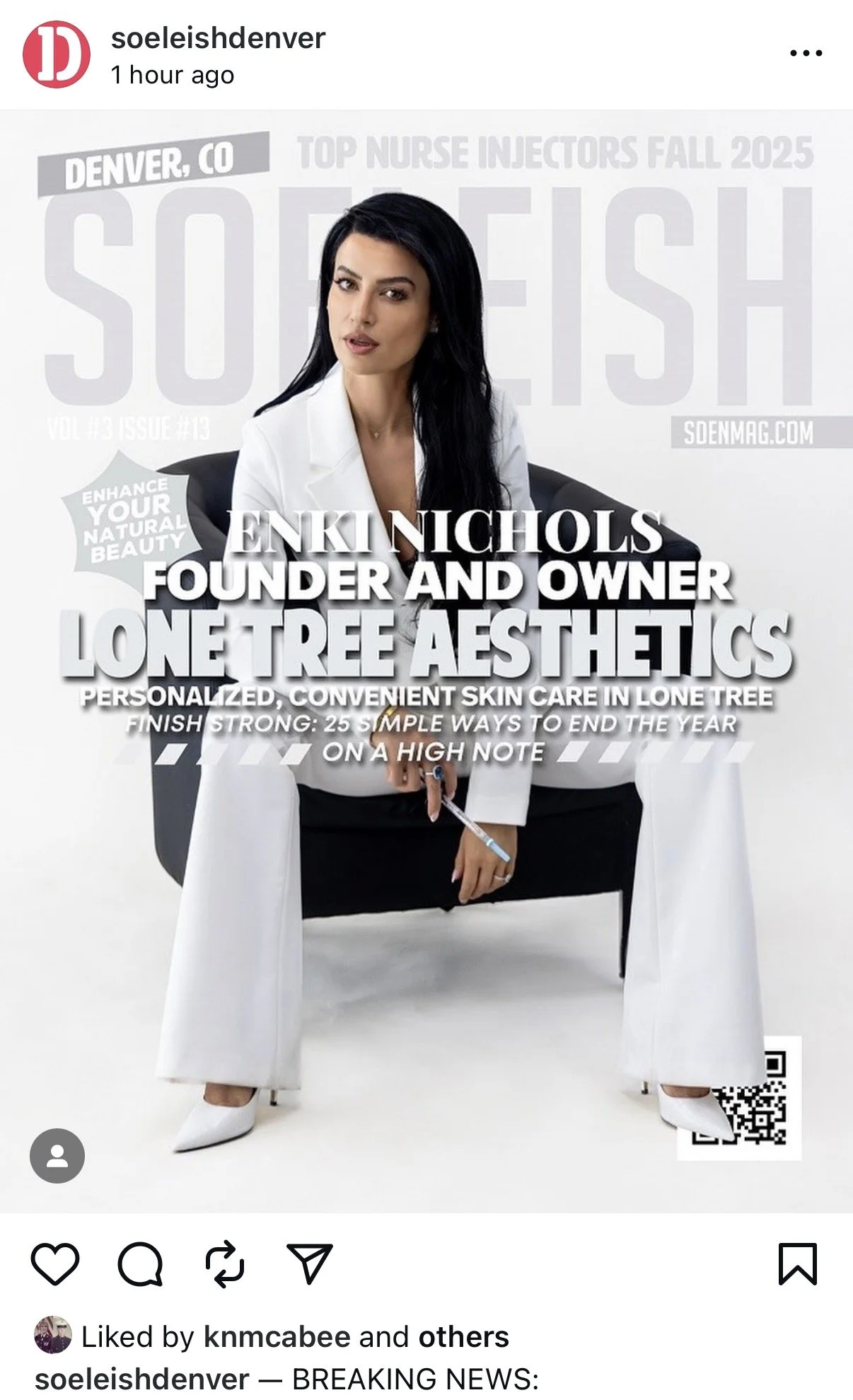 Magazine cover featuring Enki Nichols sitting on a black and white chair, wearing white pants and high heels, holding a pen, with text highlighting her as founder of Lone Tree Aesthetics and emphasizing skincare and aesthetic topics.