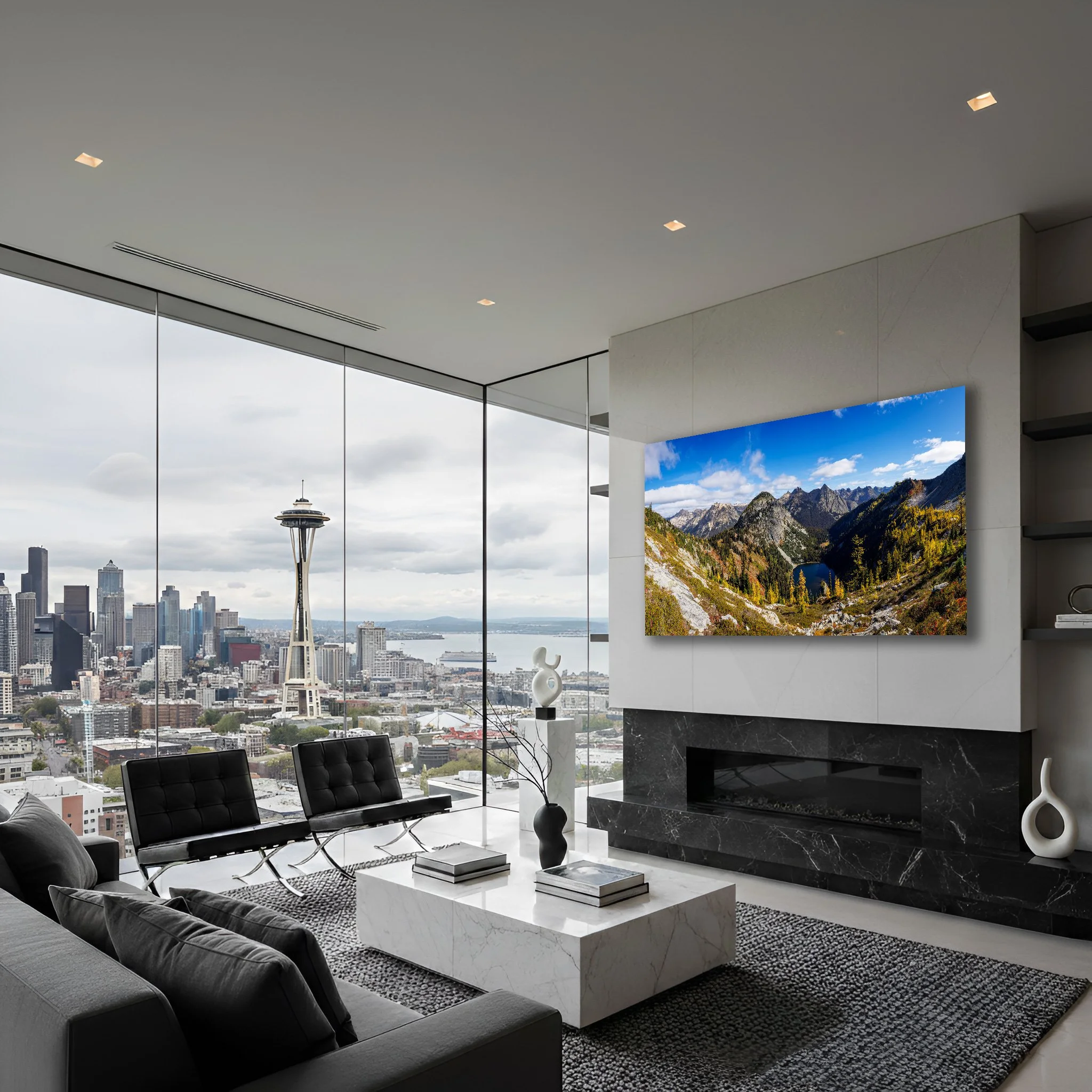 The golden larches of North Cascades sit as a panoramic photo hanging on a wall in an upscale Seattle penthouse.