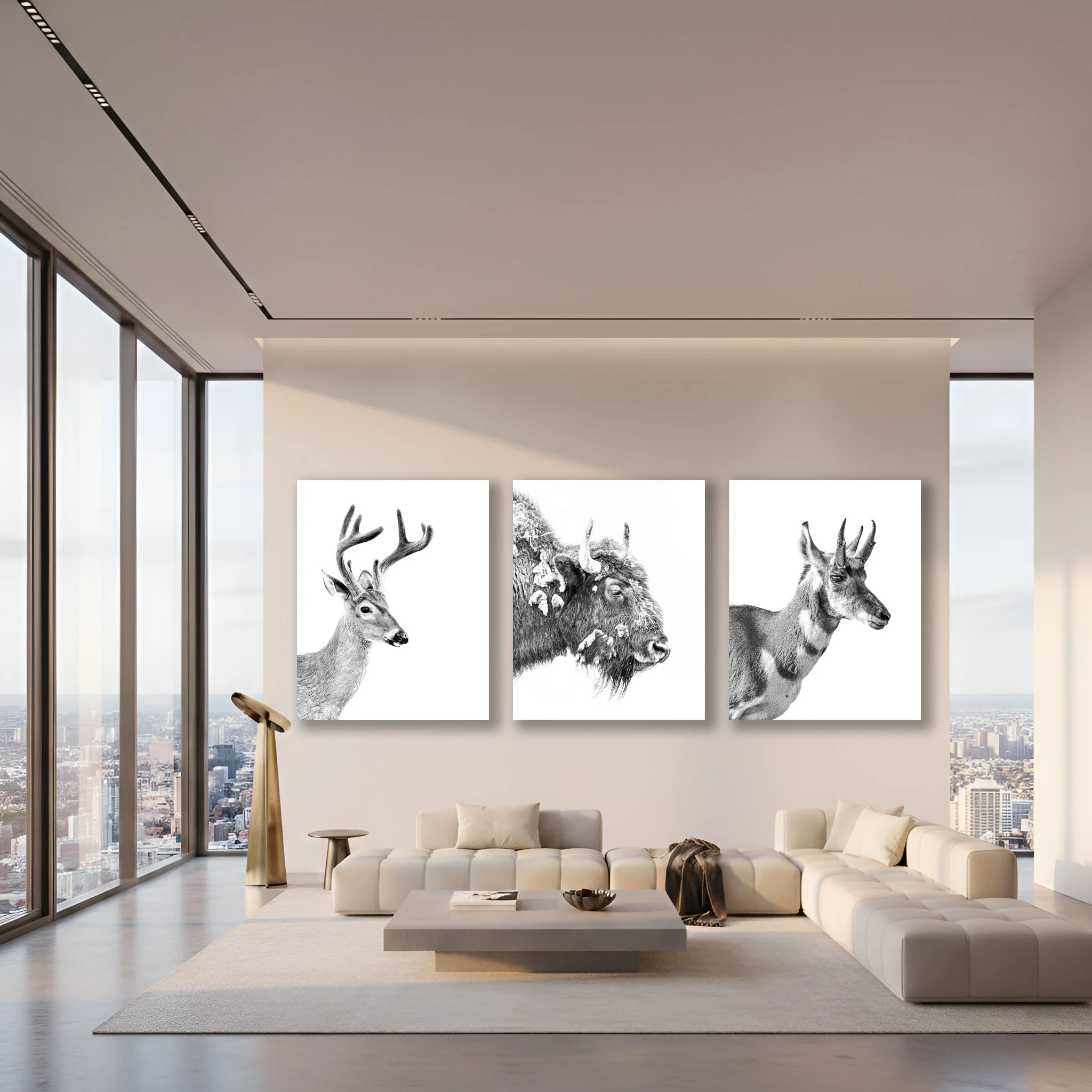 Three wildlife headshots in high key black and white sitting on a gallery wall ink an upscale penthouse.