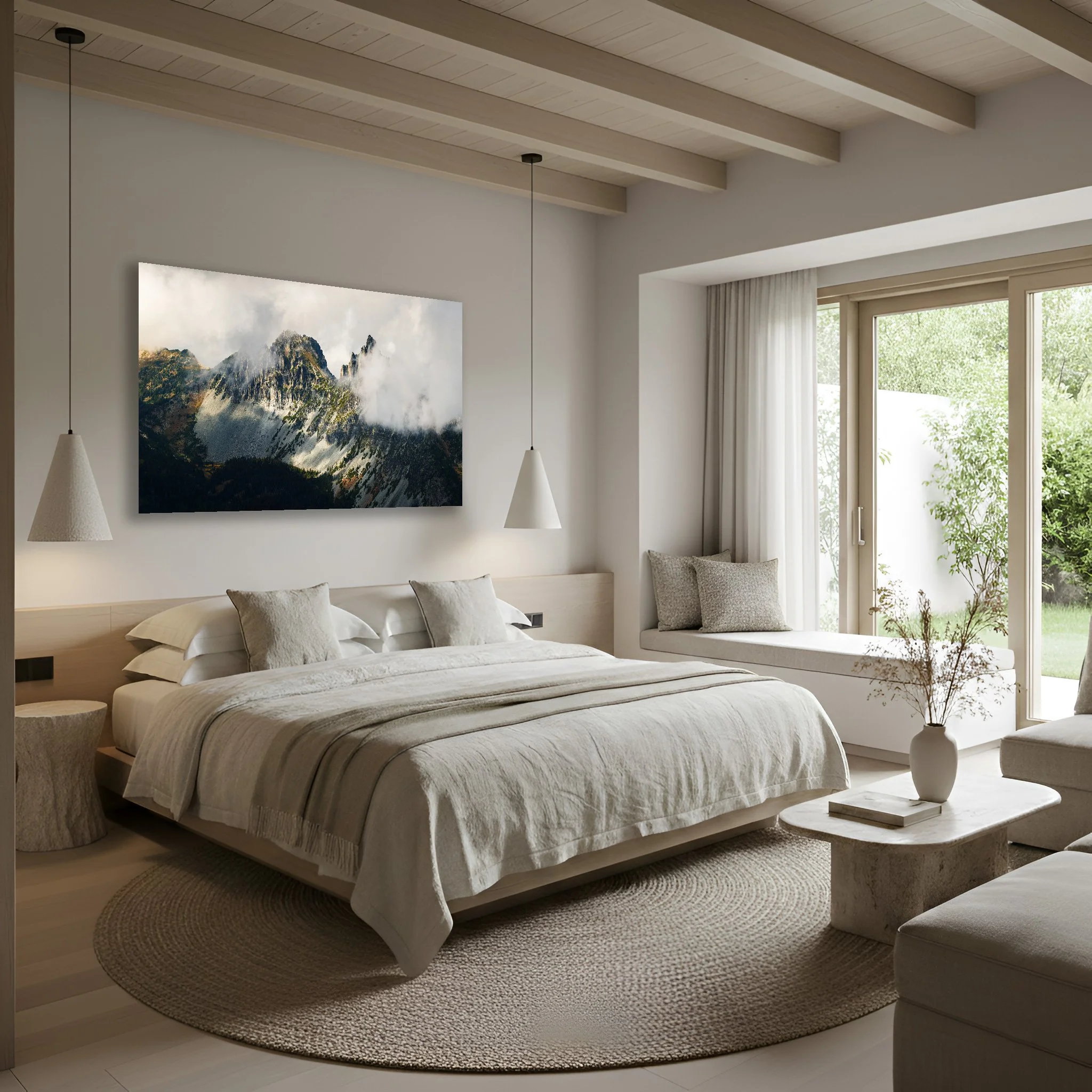Metal print of Mount Sluiskin's peak surrounded with fog sits above a bed.