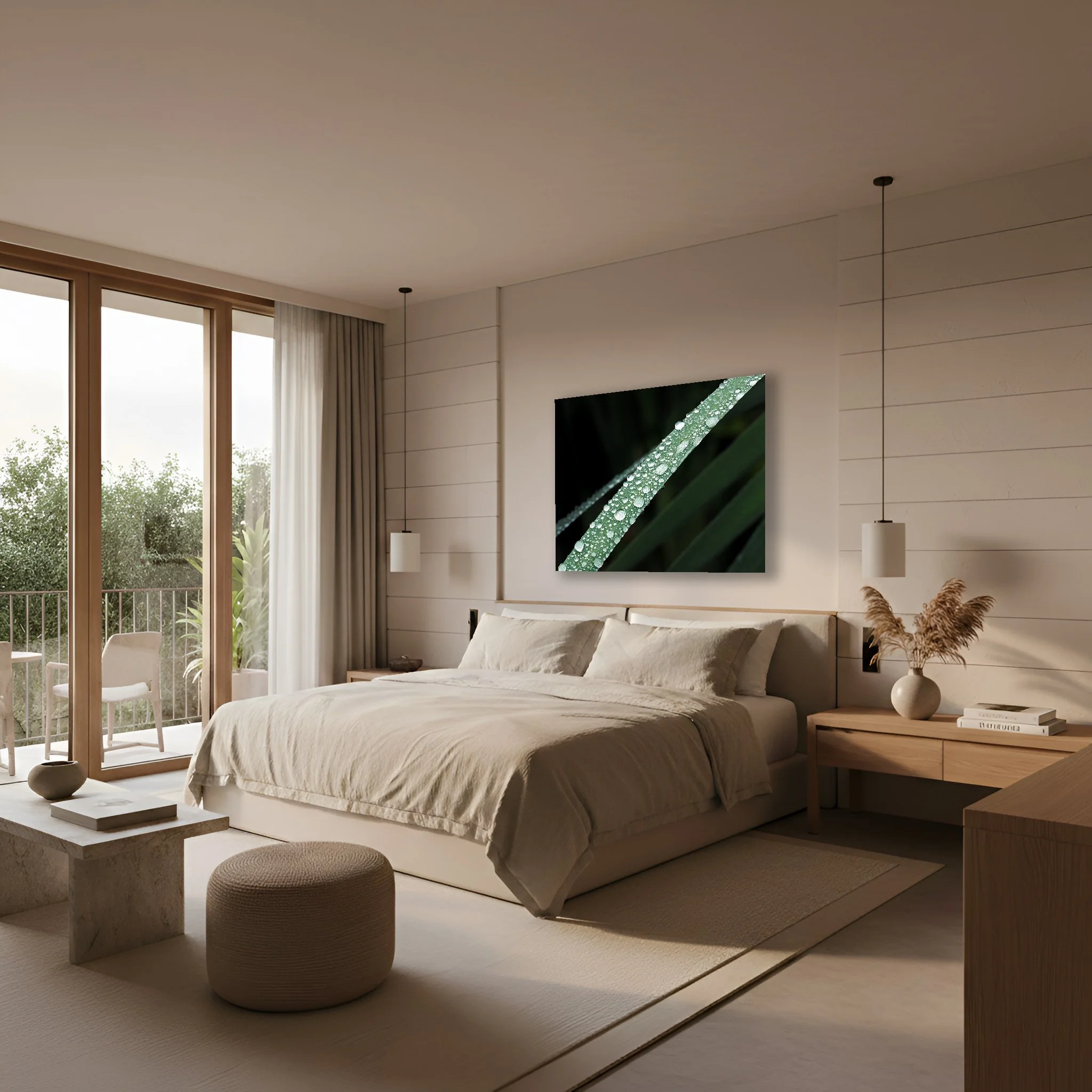 An acrylic photo of a macro shot of water beads sitting on a piece of glass. This photo is sitting above a bed in a hotel suite.