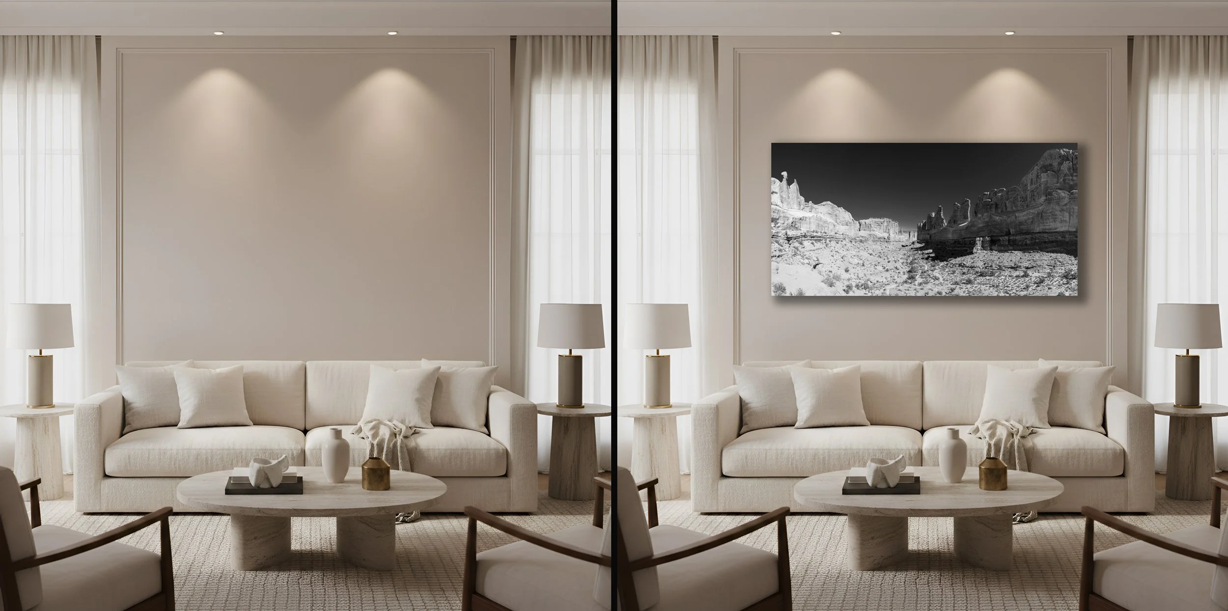 A before and after of a cream living room with the addition of a limited edition fine art print of Park Avenue in Arches National Park.