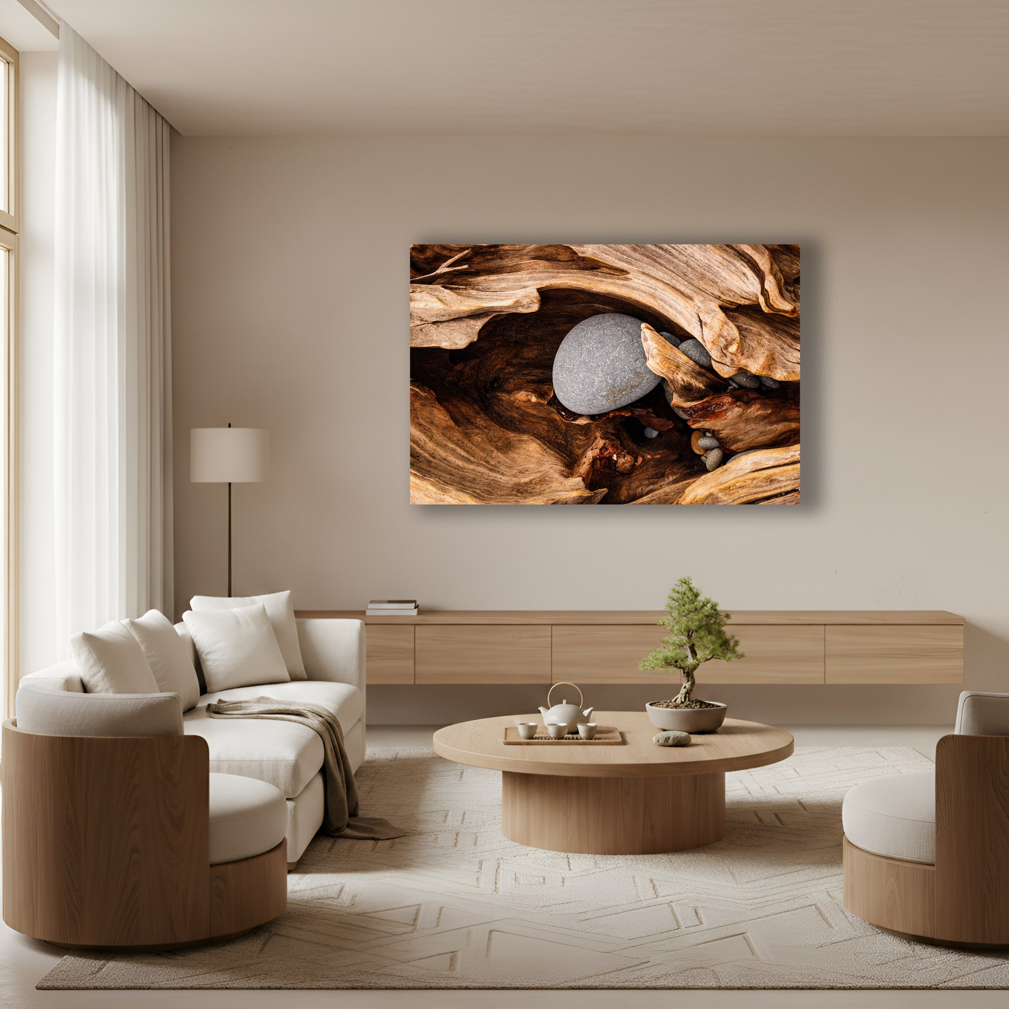 40"x60" acrylic print hangs above a floating console in a japandi designed living room.