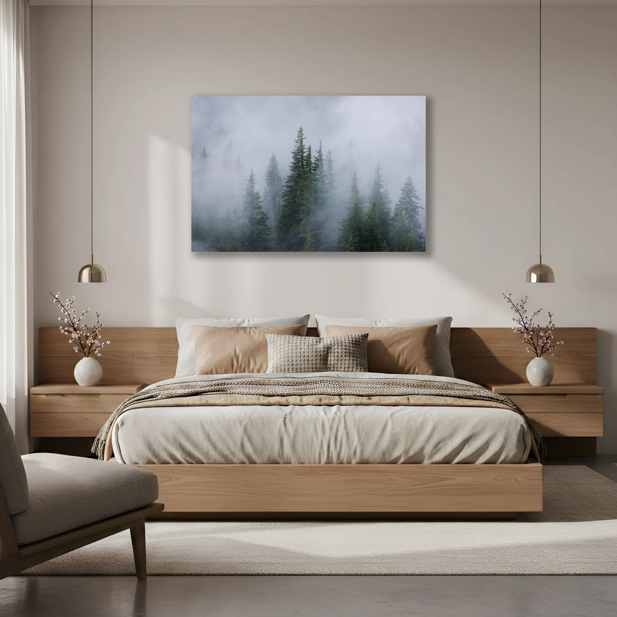 Acrylic print of fog drifting through pine trees in the Pacific Northwest. The print sits above a bed in a japandi designed bedroom.