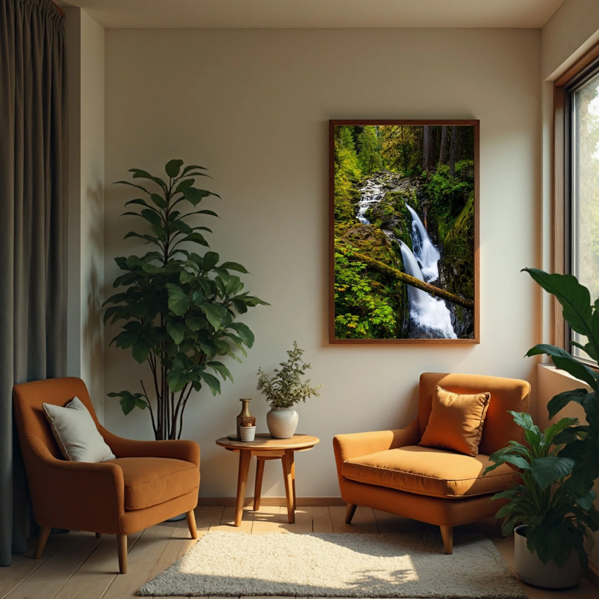Framed photo of Sol Duc Falls sits in the corner of a room for a little reading nook.