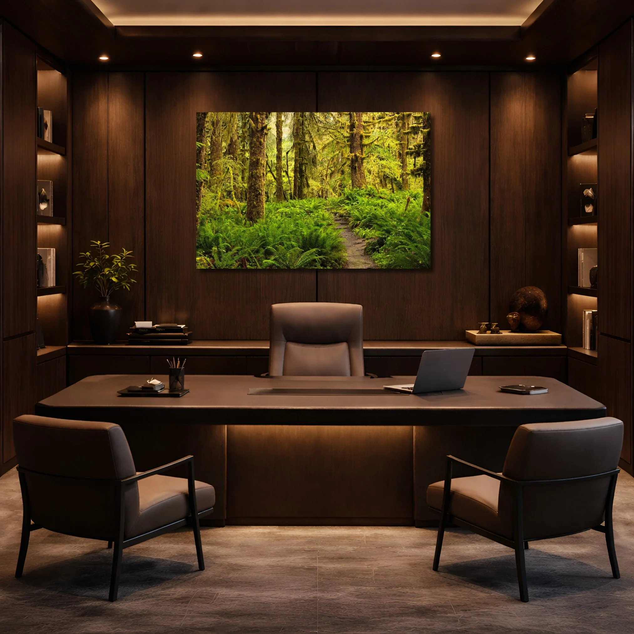 Rainforest trail photo on acrylic hangs in a wood accented executive office.