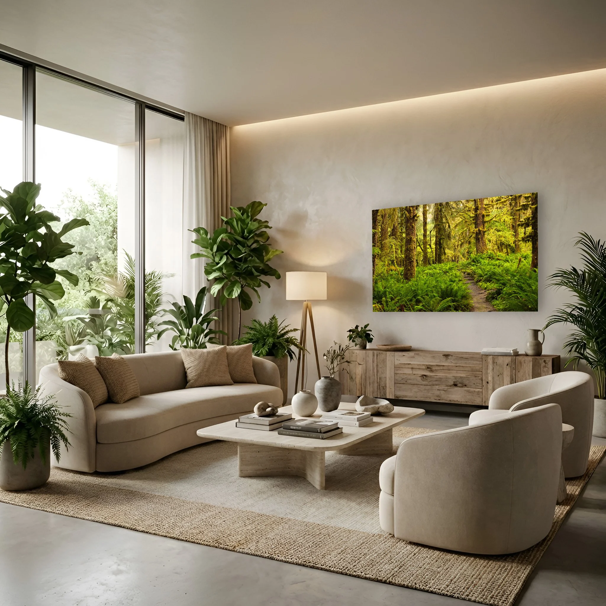 Acrylic photo of a trail through the Hoh Rainforest in a biophilic designed living room.