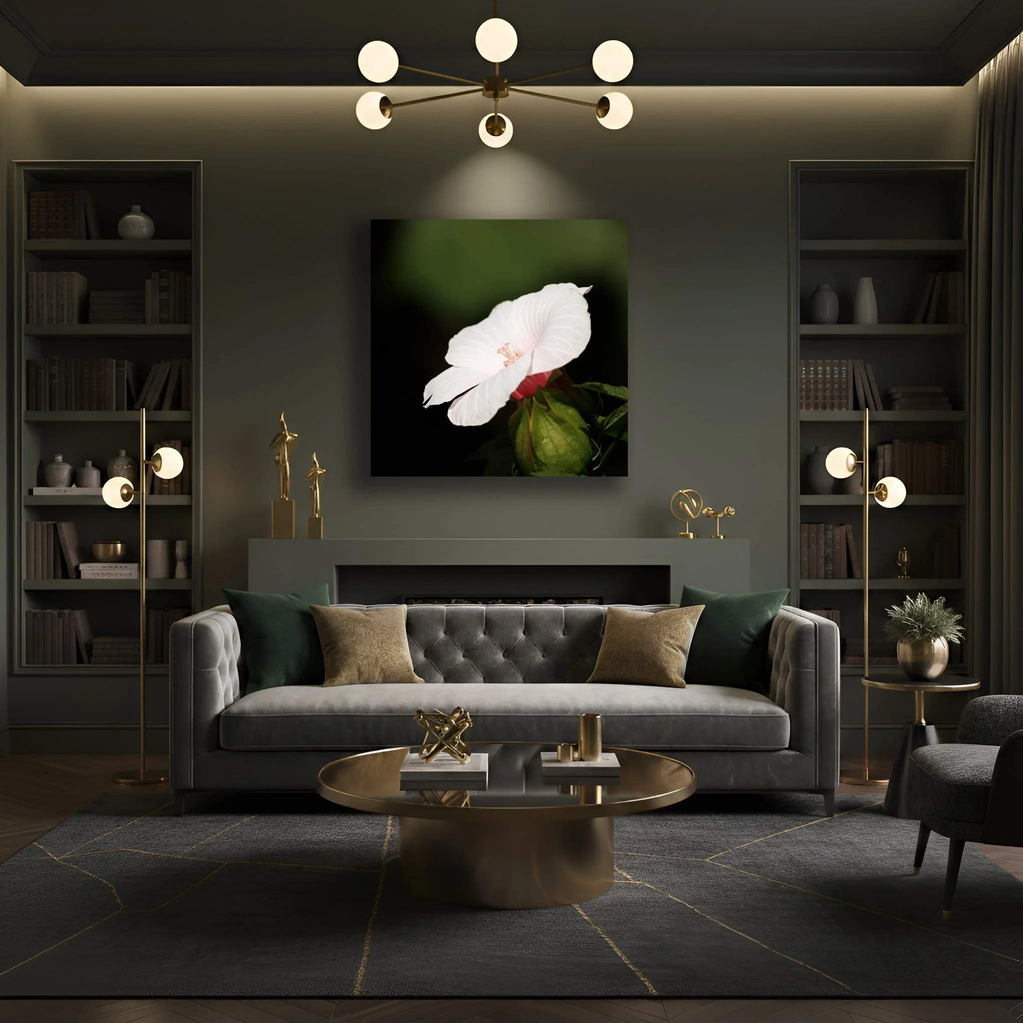 Soft white lines of the hibiscus stand apart from the green tones of nature surrounding the flower.