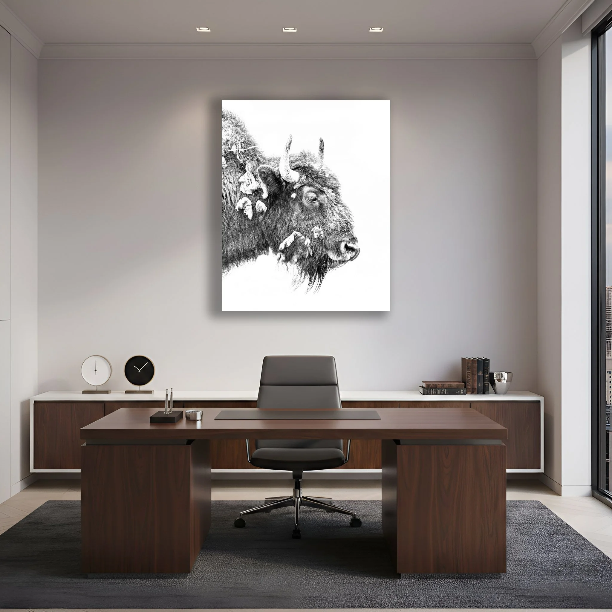 Black and white bison photo over a modern executive office desk.