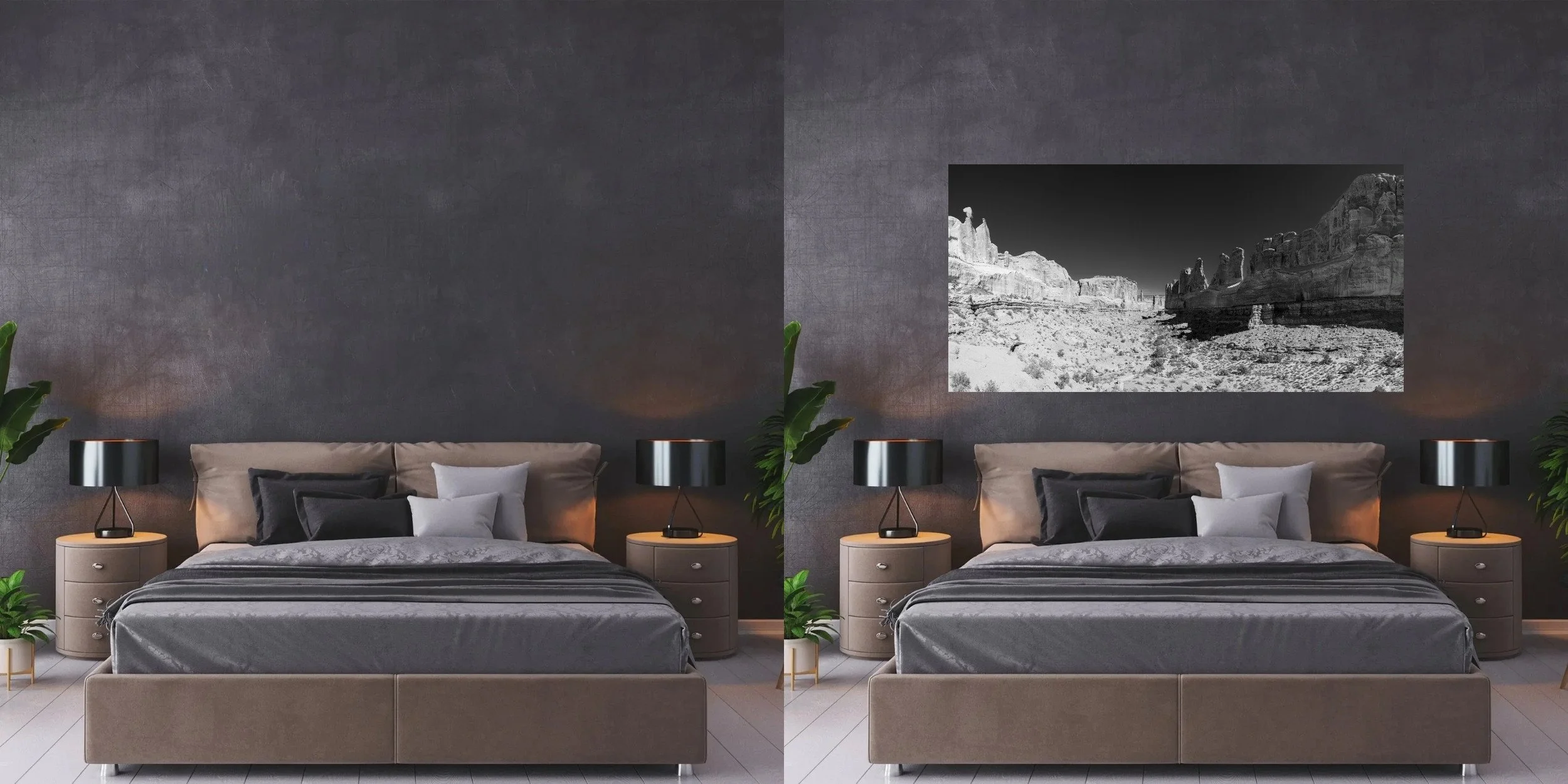 A before and after of a gray bedroom with the addition of a limited edition fine art print of Park Avenue in Arches National Park.