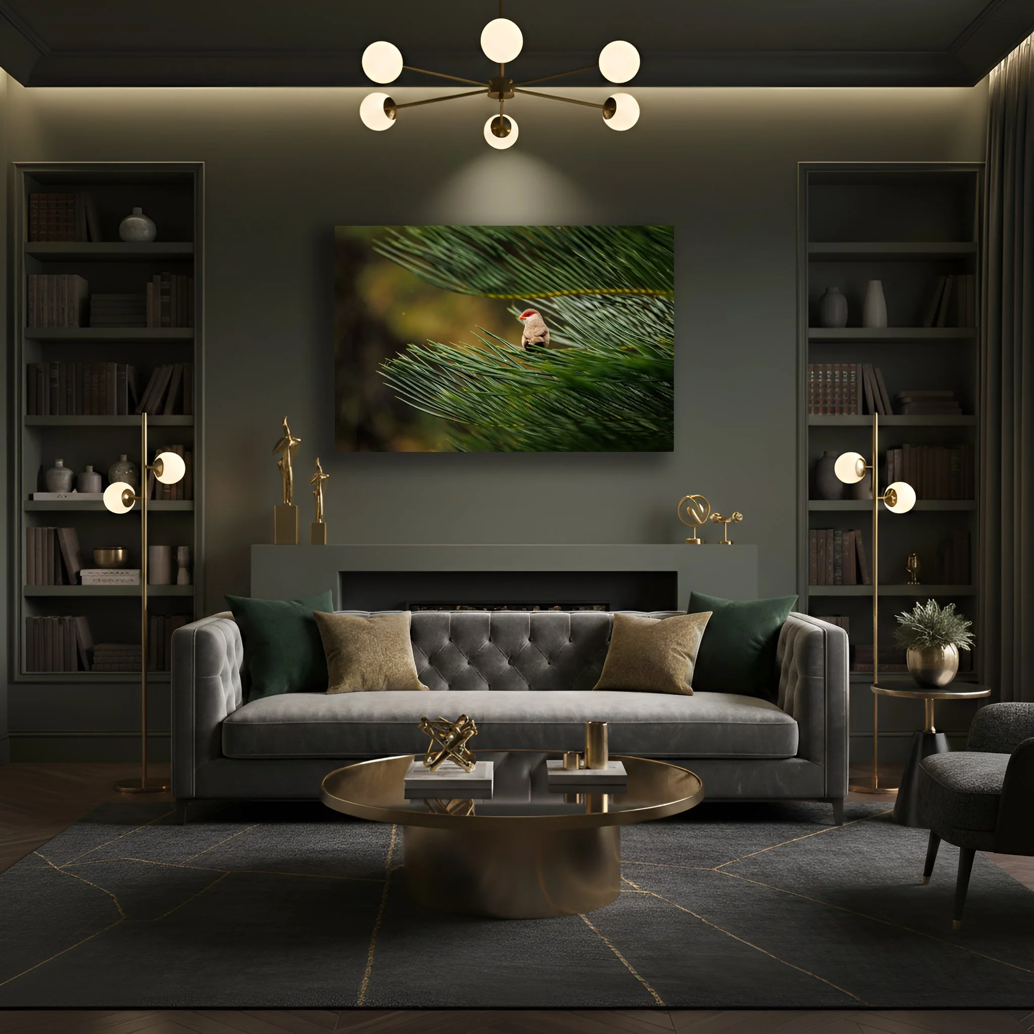 A fine art acrylic print is mounted on a green wall in a dark moody living room.